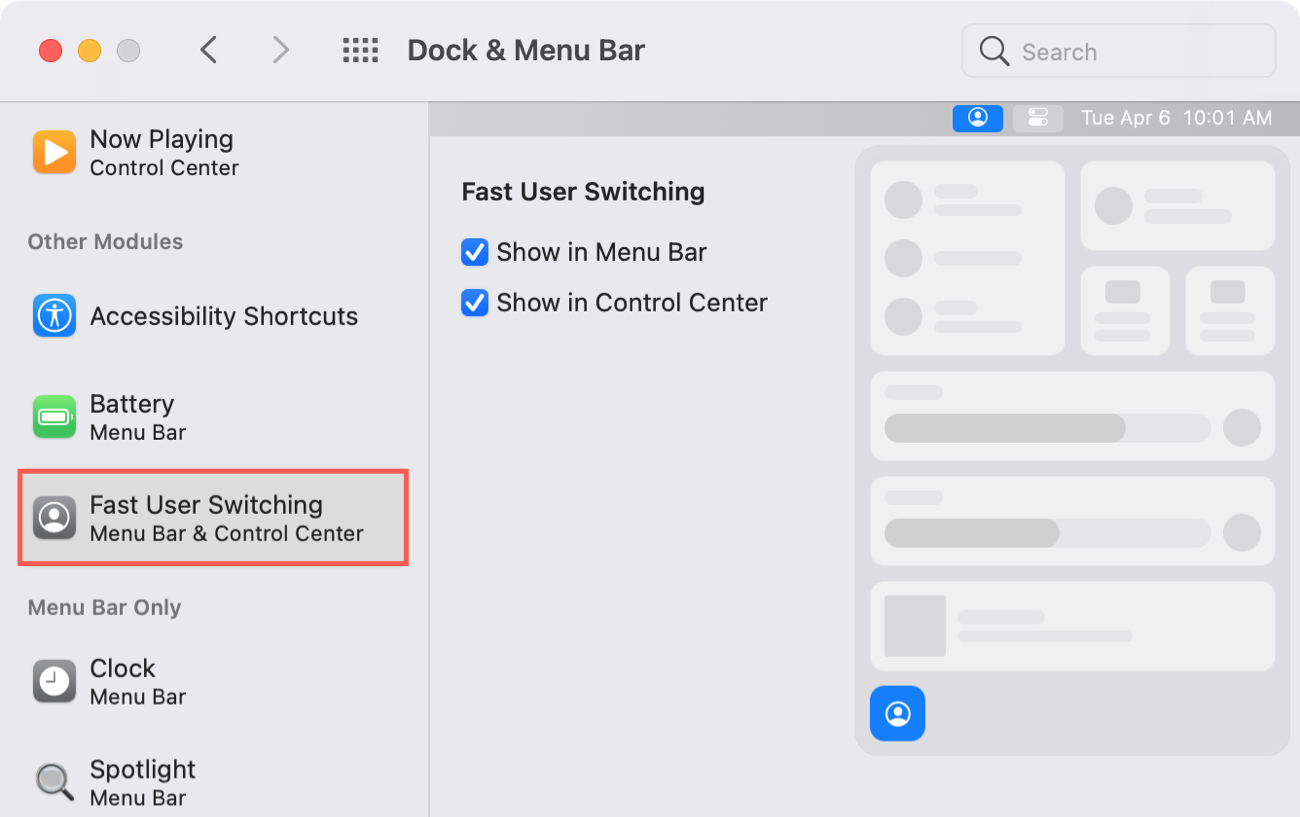 Dock and Menu Bar Fast User Switching