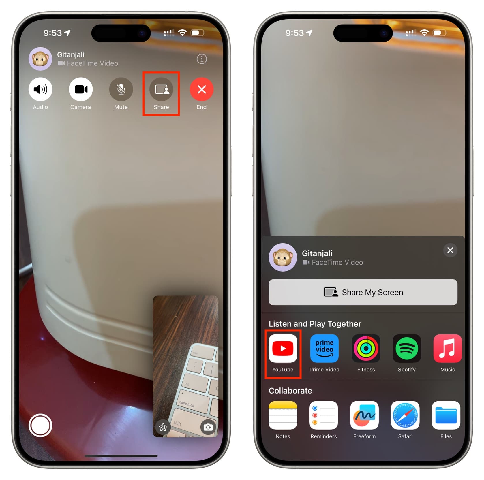 Tap Share button on FaceTime screen and select YouTube