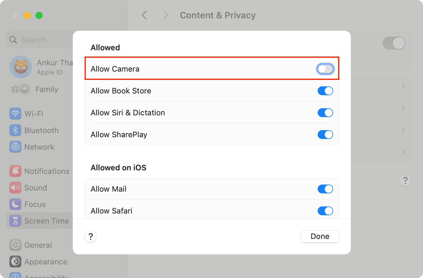 Turn off Allow Camera in Mac Screen Time settings