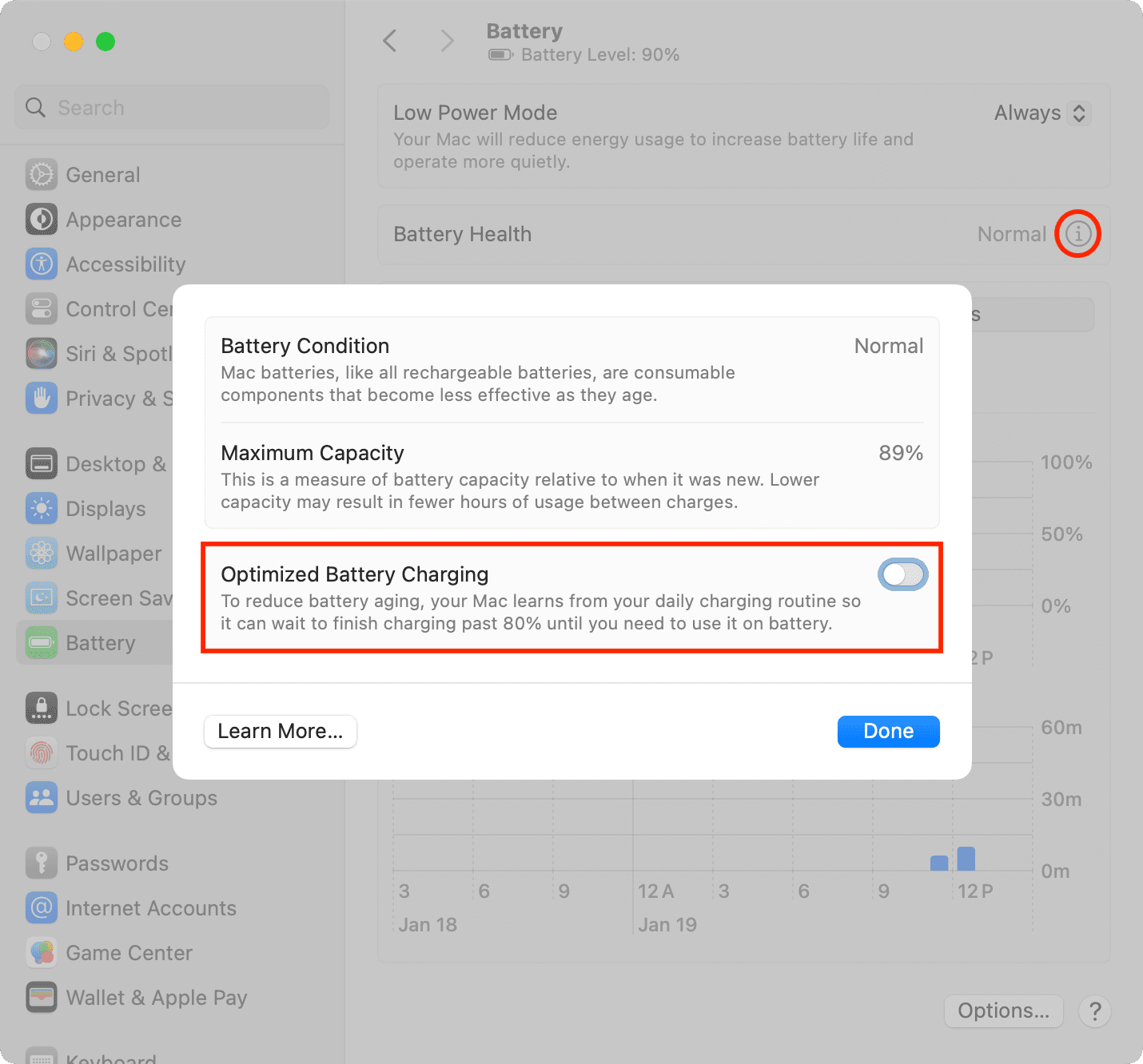 Turn off Optimized Battery Charging in Mac System Settings
