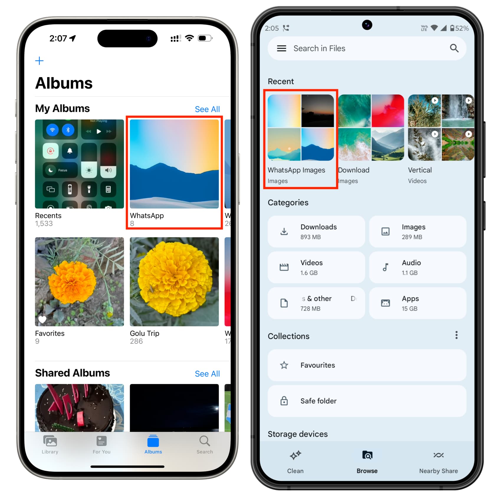 WhatsApp albums in iPhone and Android phone's Photos apps