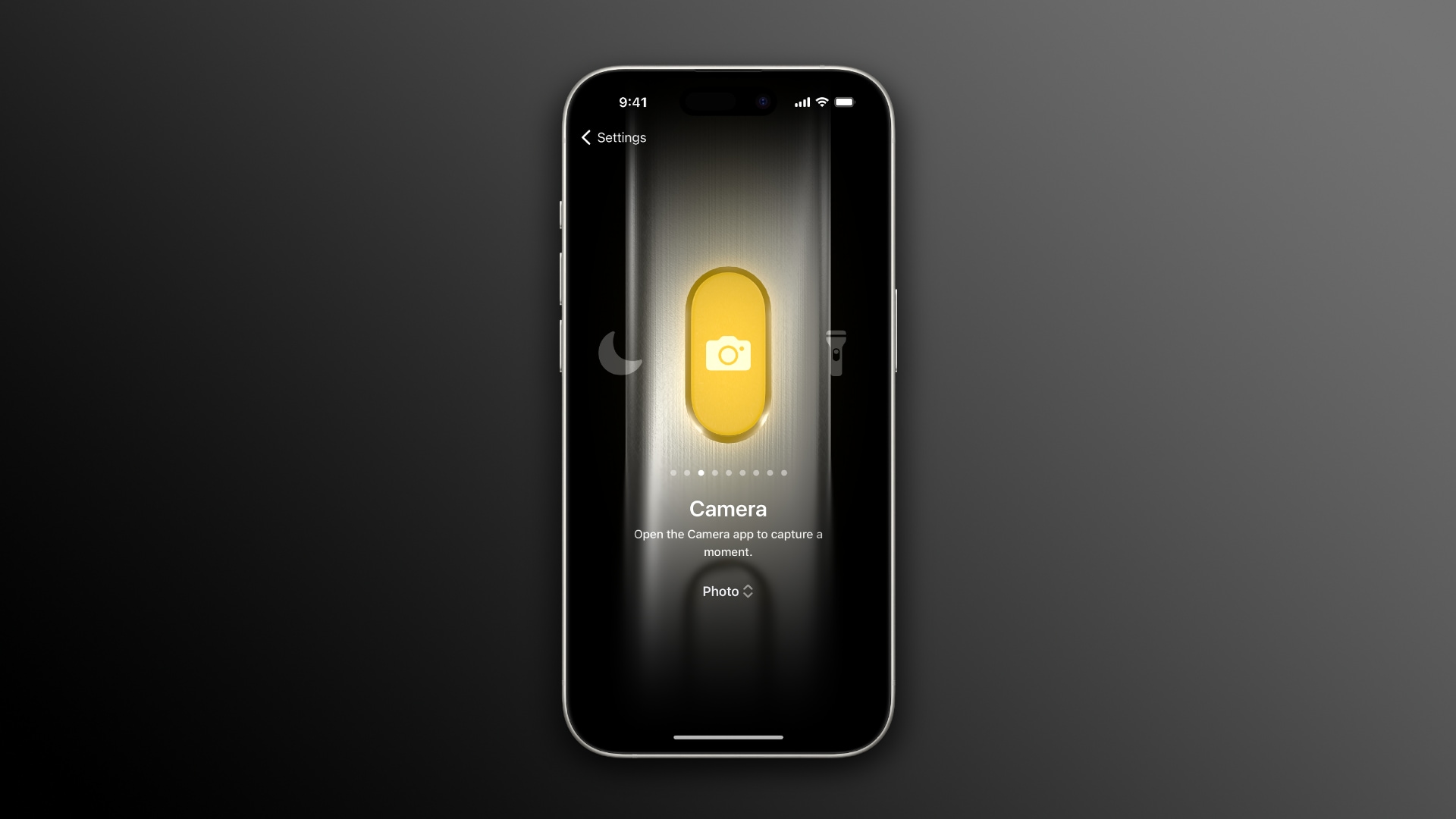 Action button customization set to Camera in the iPhone's Settings app
