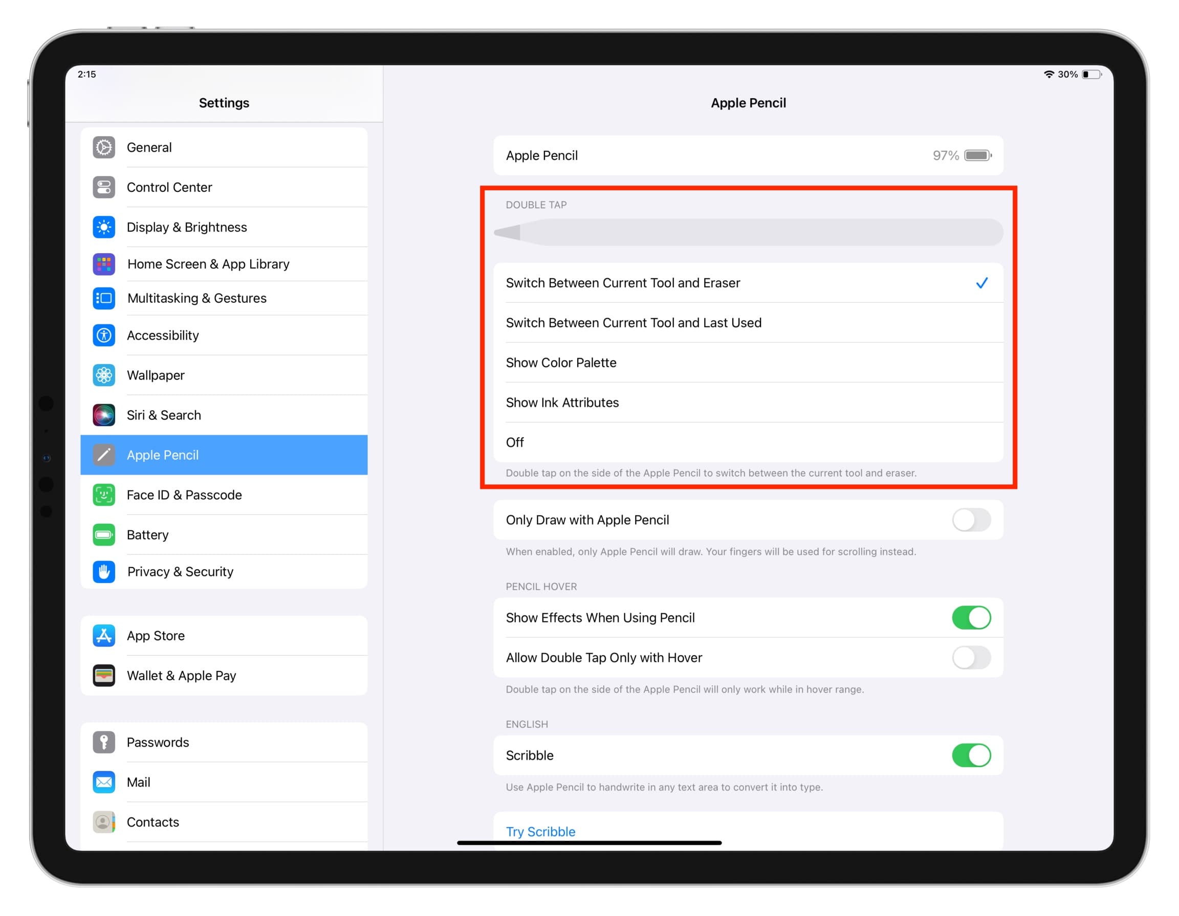 Double tap gesture settings for Apple Pencil on iPad