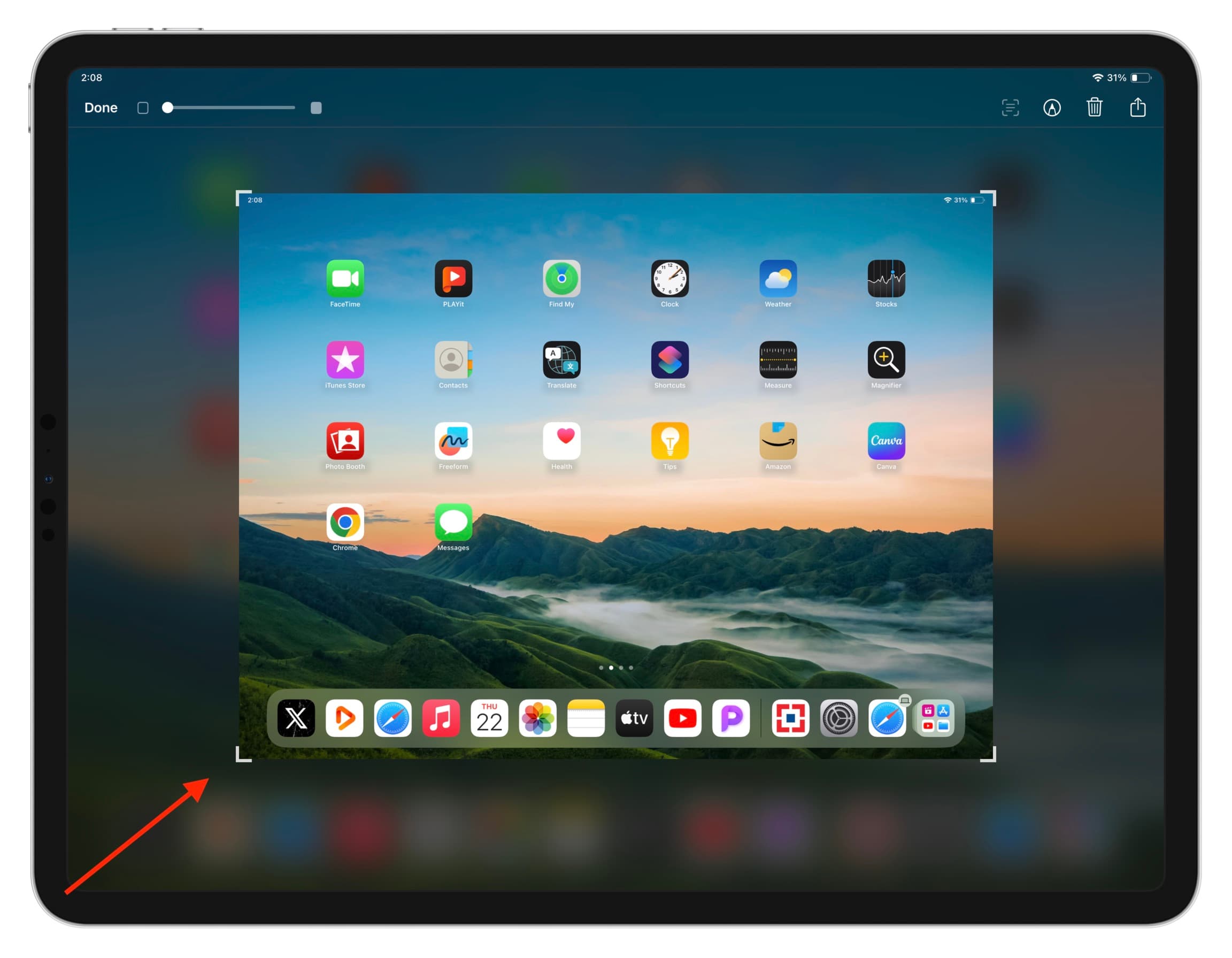 Swipe outward from bottom left corner of iPad screen to take screenshot