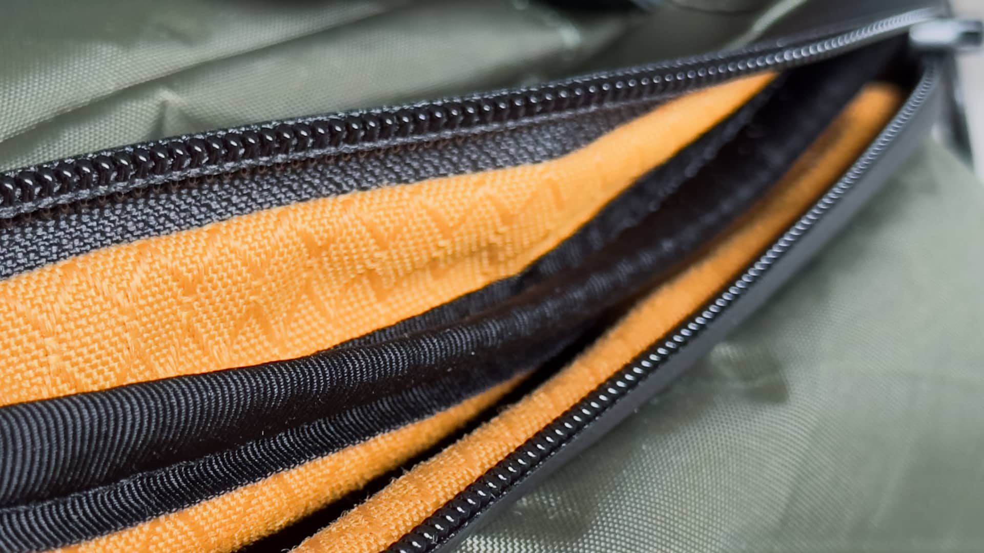 Closeup of the zipper on Waterfield's X-Air Duffel travel bag