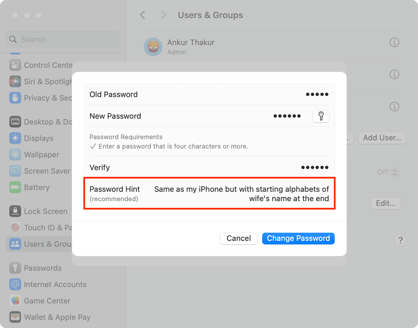 Adding a password hint to Mac