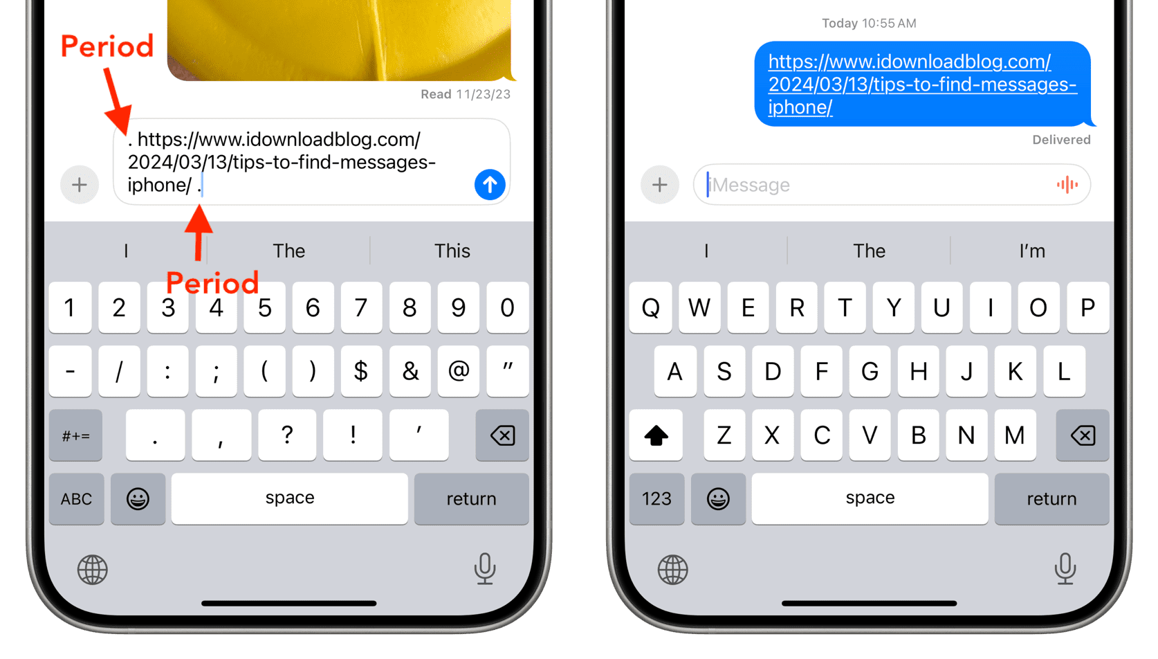 Adding periods before and after URL to hide preview in iMessage