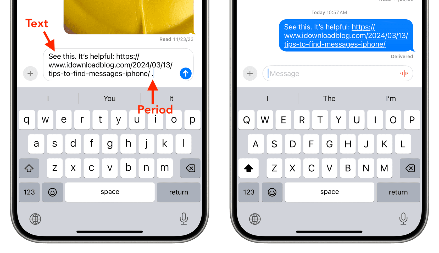 Adding text before URL and period at end to hide preview in iPhone Messages