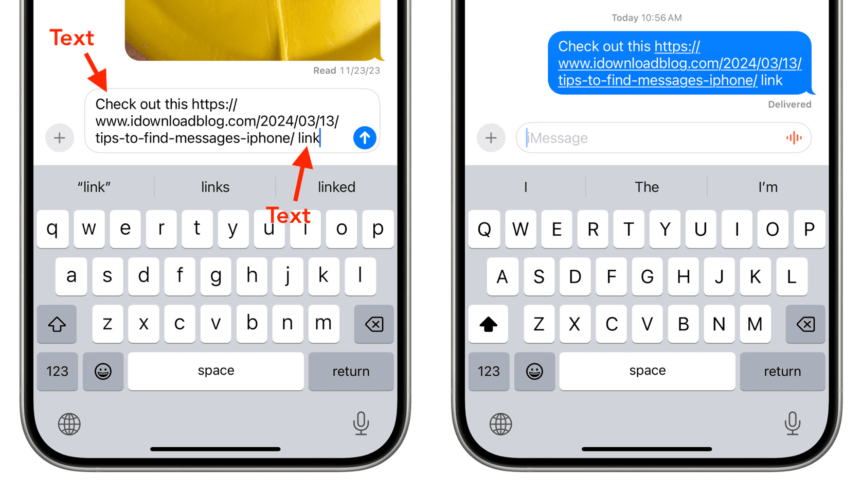 Adding text before and after URL to hide preview in Apple Messages