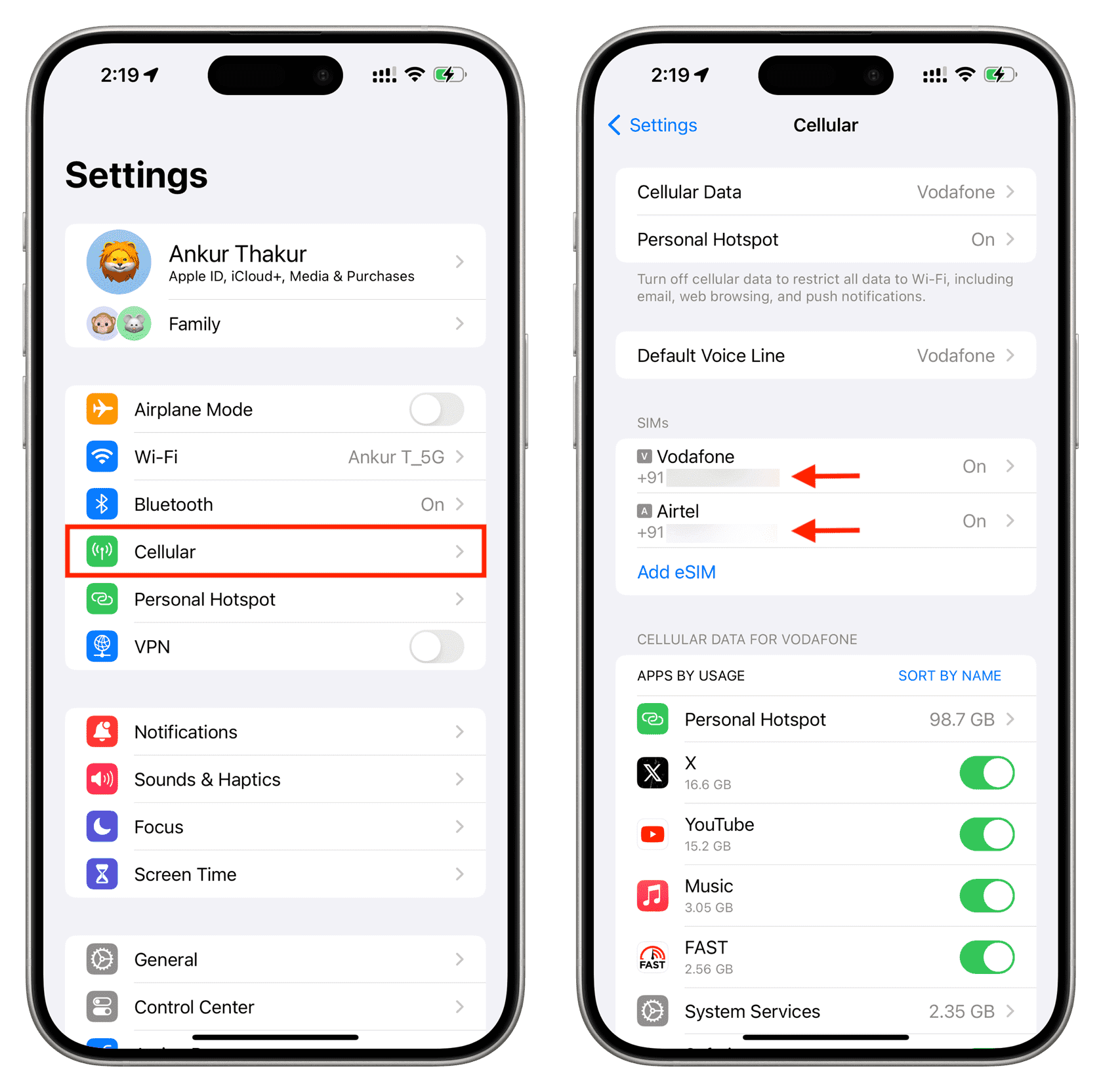 Go to iPhone cellular settings to see your phone numbers