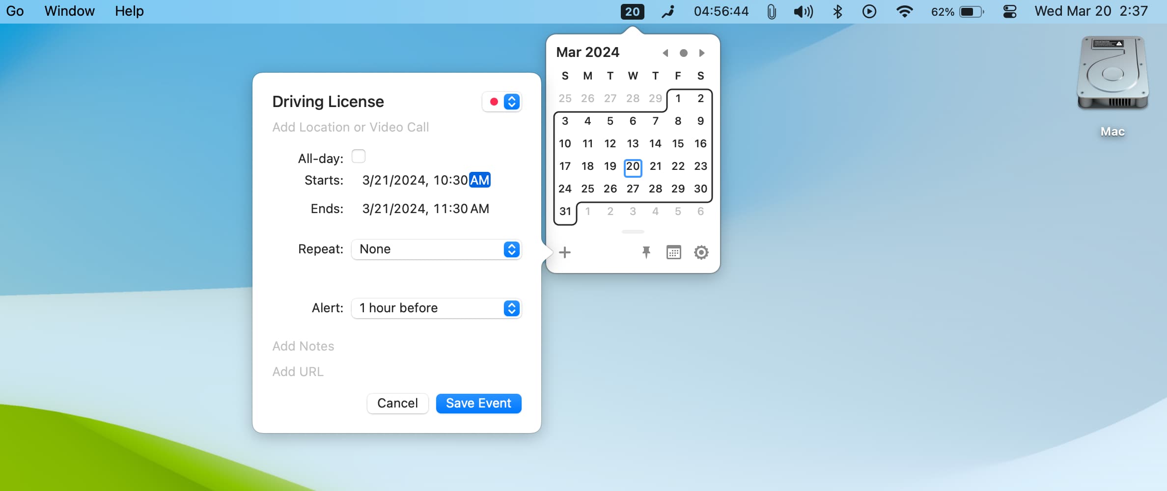 Itsycal calendar app in Mac menu bar