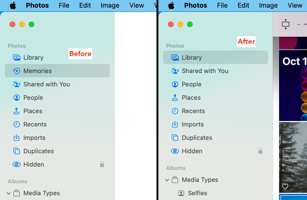 Mac Photos app with and without Memories option in sidebar