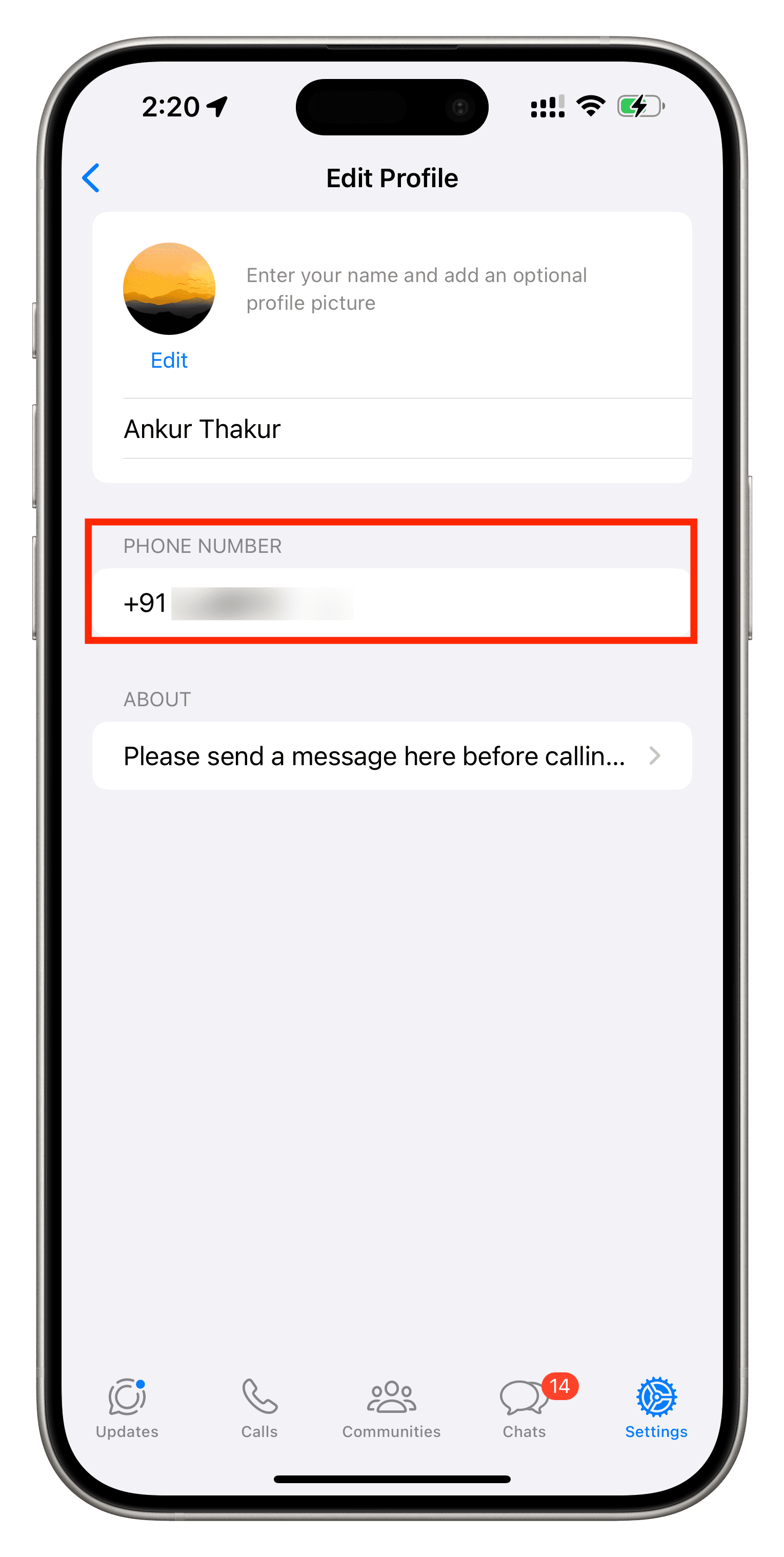 Seeing your phone number in WhatsApp app on iPhone