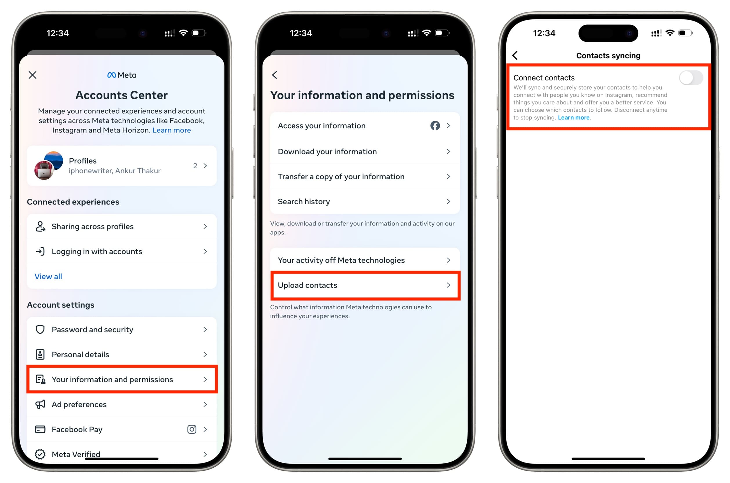 Turn off Contacts syncing on Instagram