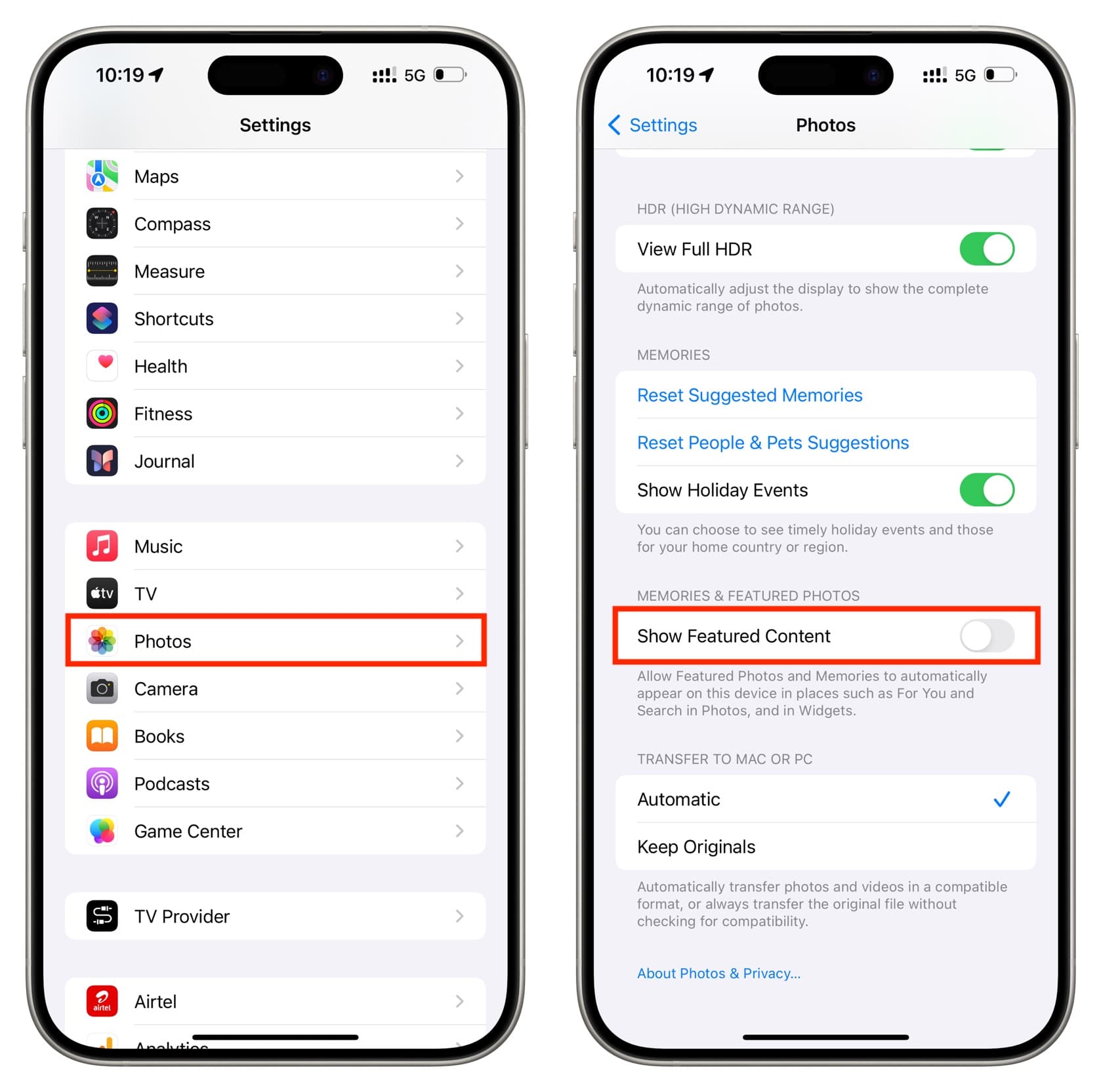 Turn off Show Featured Content in iPhone Photos settings