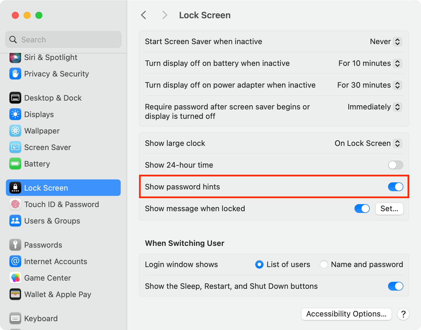 Turn on Show password hints in Mac System Settings