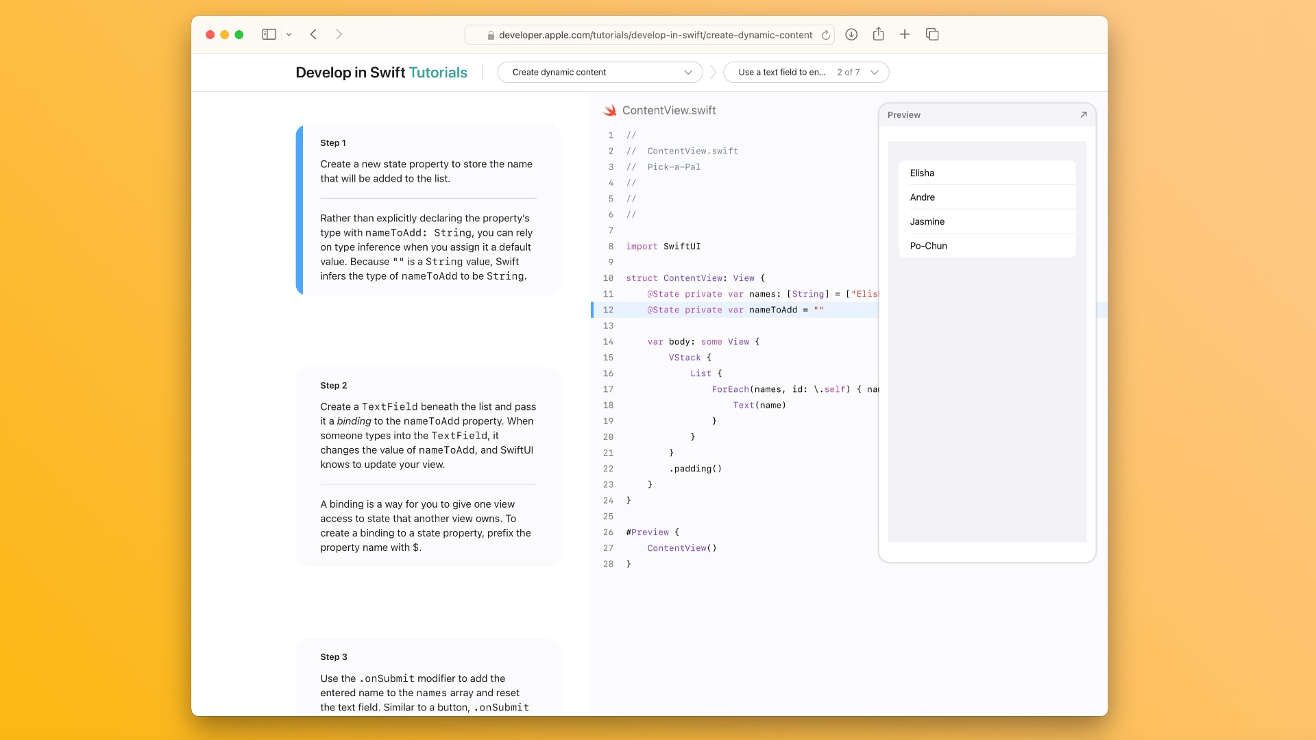 Safari screenshot of Apple's Develop in Swift Tutorials page with some code examples