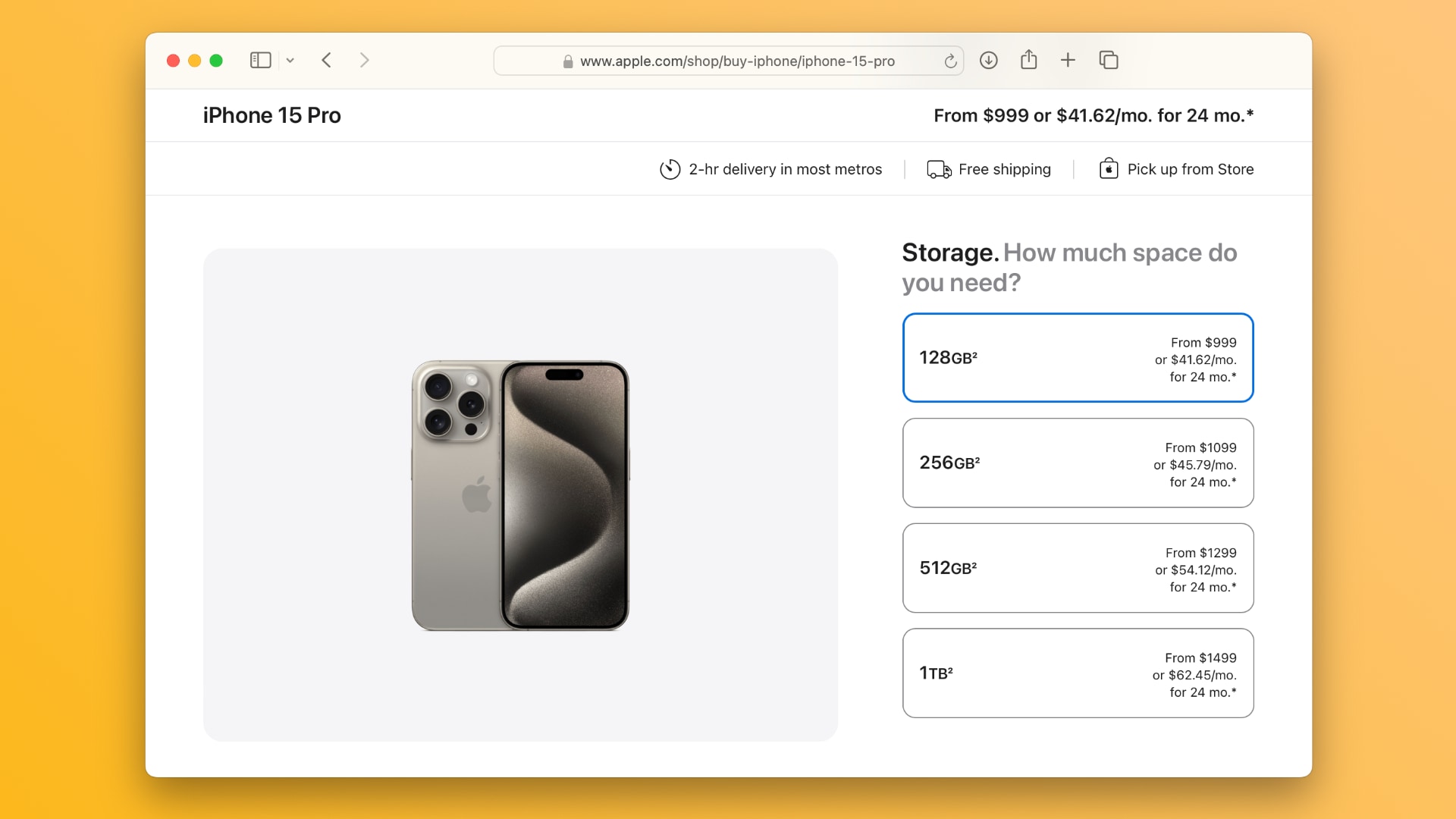 Apple's online store listing storage options for iPhone 15 Pro