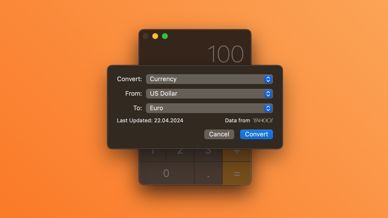 Calculator app on macOS Sonoma performing USD to EUR currency conversions, set against an orange gradient background 