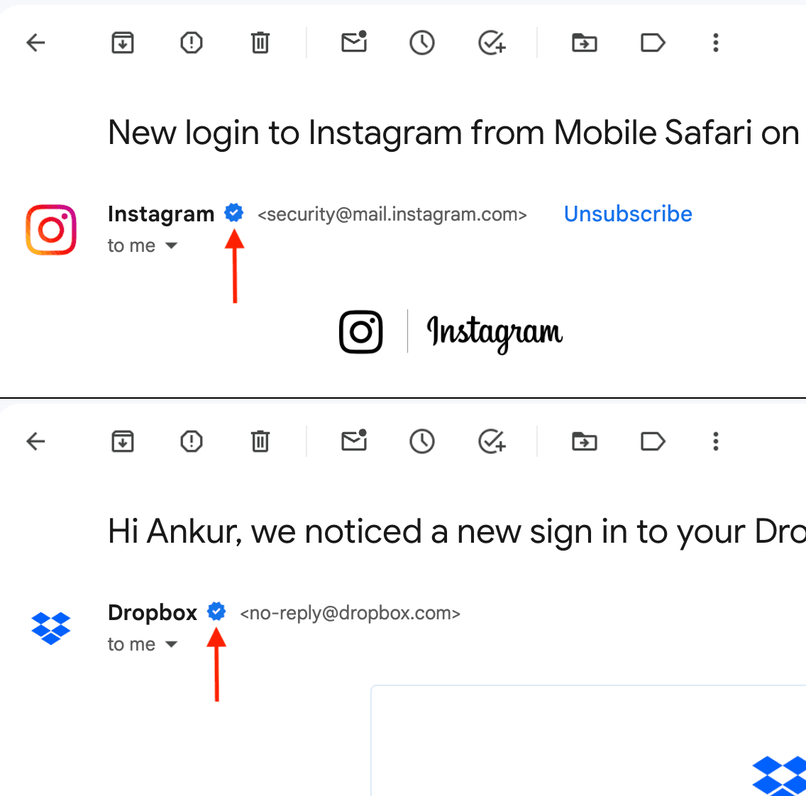 Blue check mark for verified organizations in Gmail