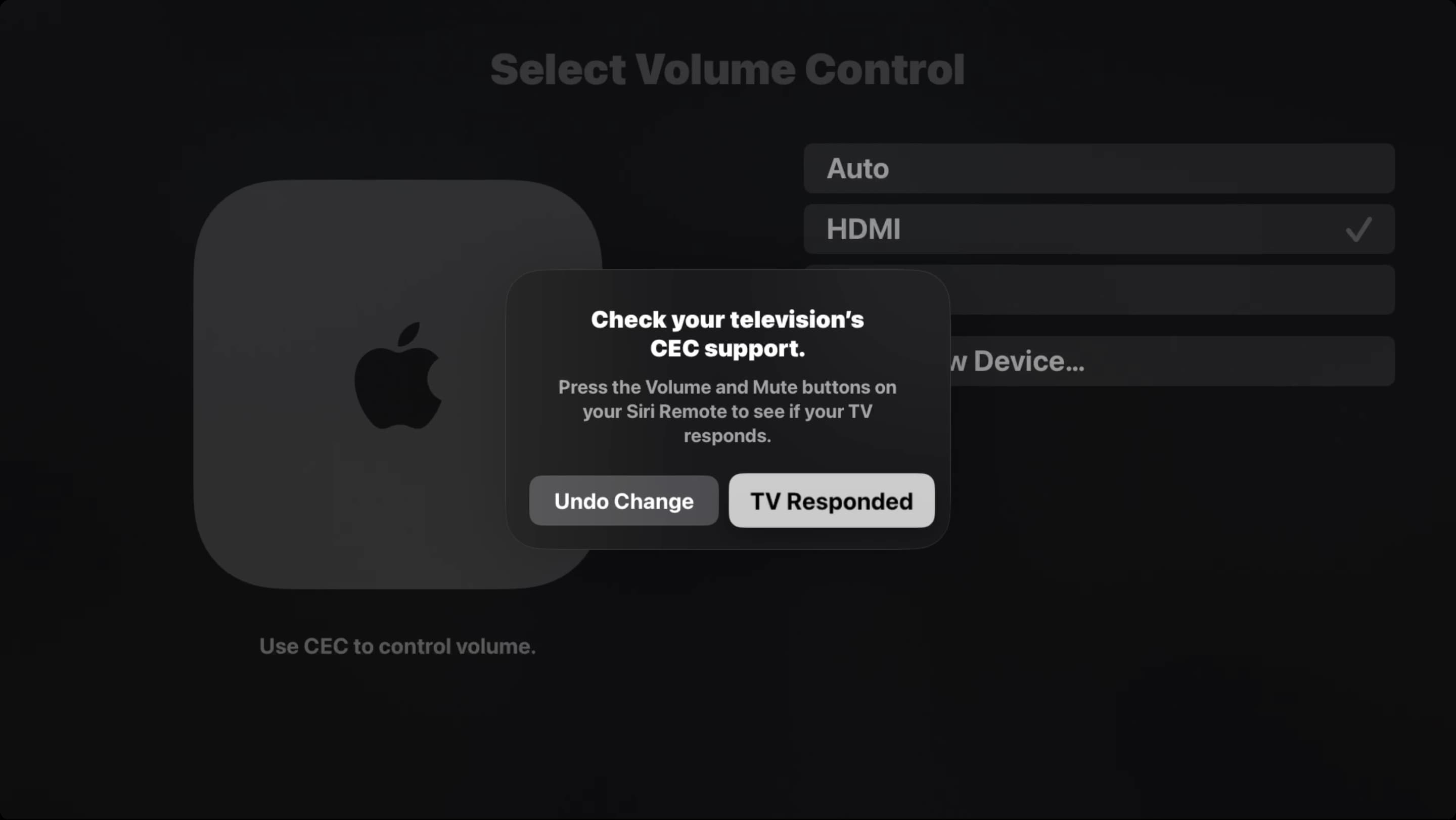 Check your television CEC support on Apple TV