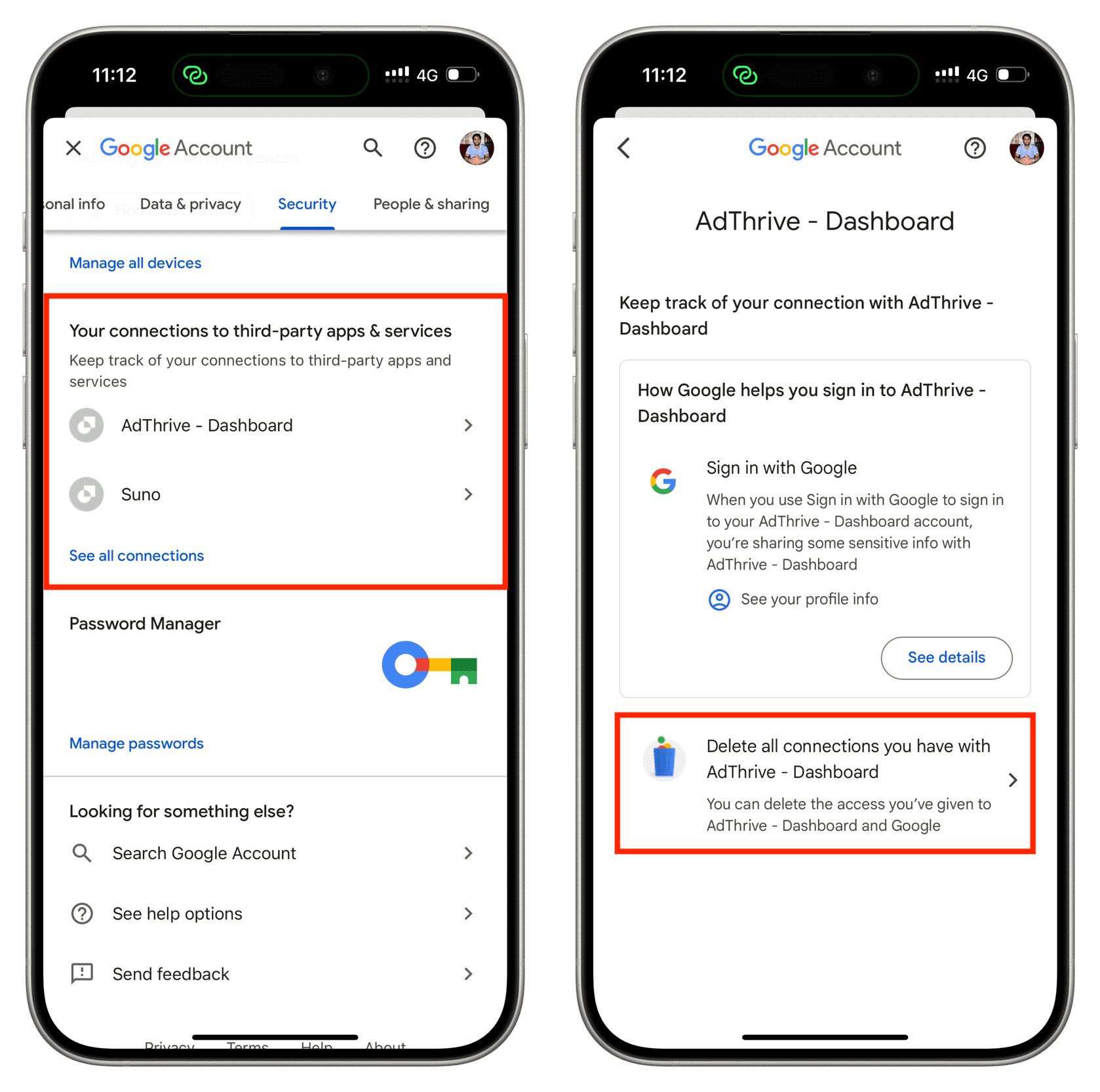 Delete all connections you have with an app in Google account settings