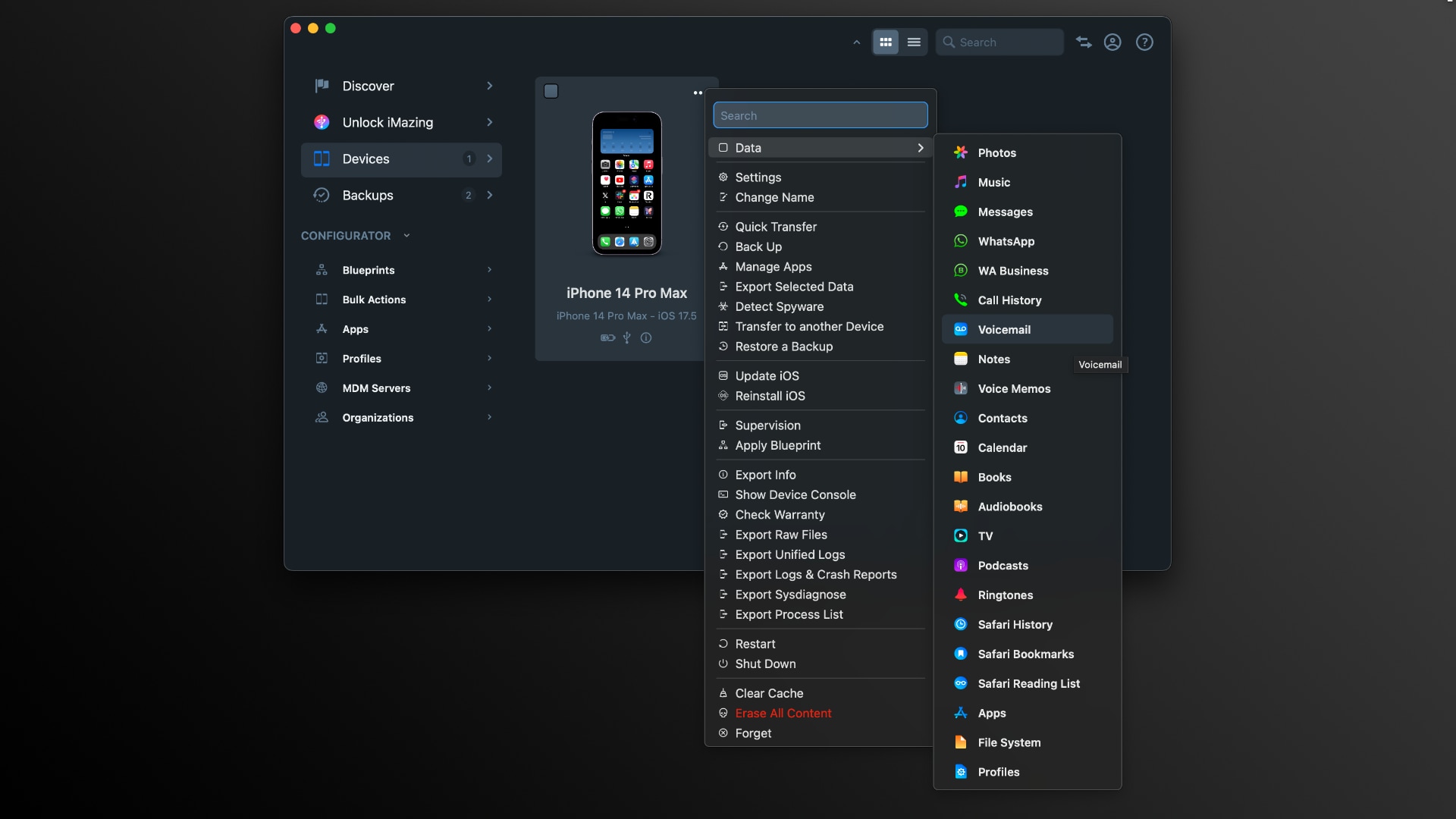 The Device menu in iMazing 3 for Mac