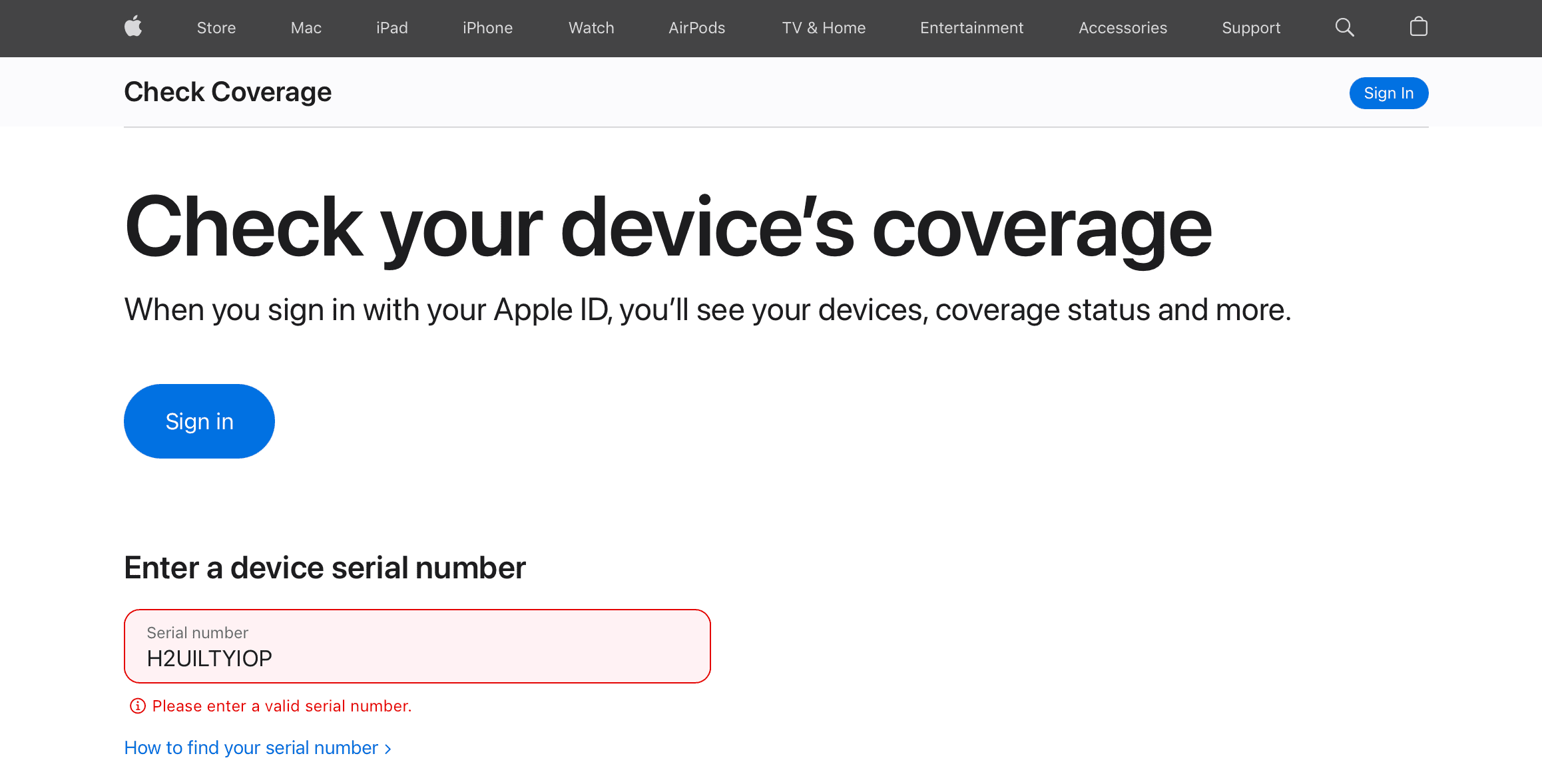 Please enter a valid serial number on Apple website