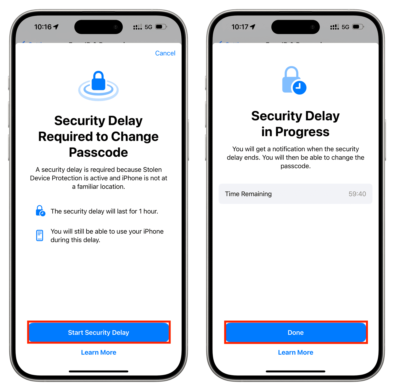 Security Delay Required to Change Passcode and Security Delay in Progress screens on iPhone