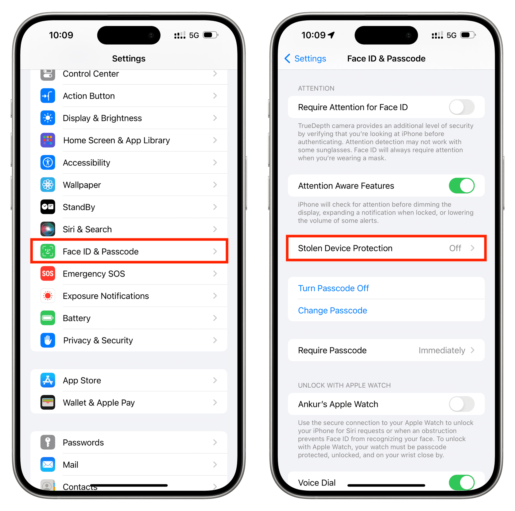 Tap Face ID and Passcode and select Stolen Device Protection in iPhone Settings