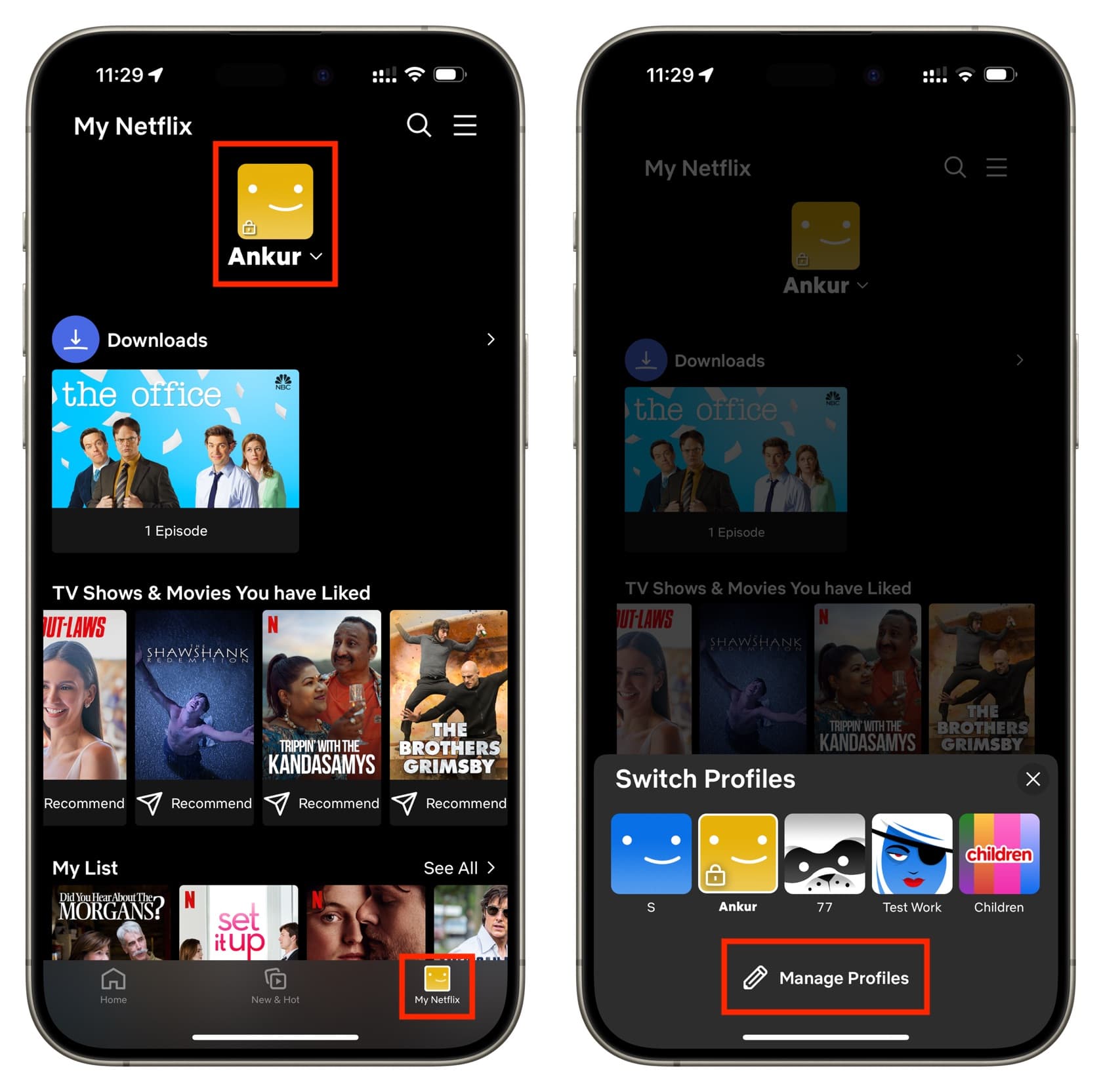 Tap your name and choose Manage Profiles in Netflix on iPhone