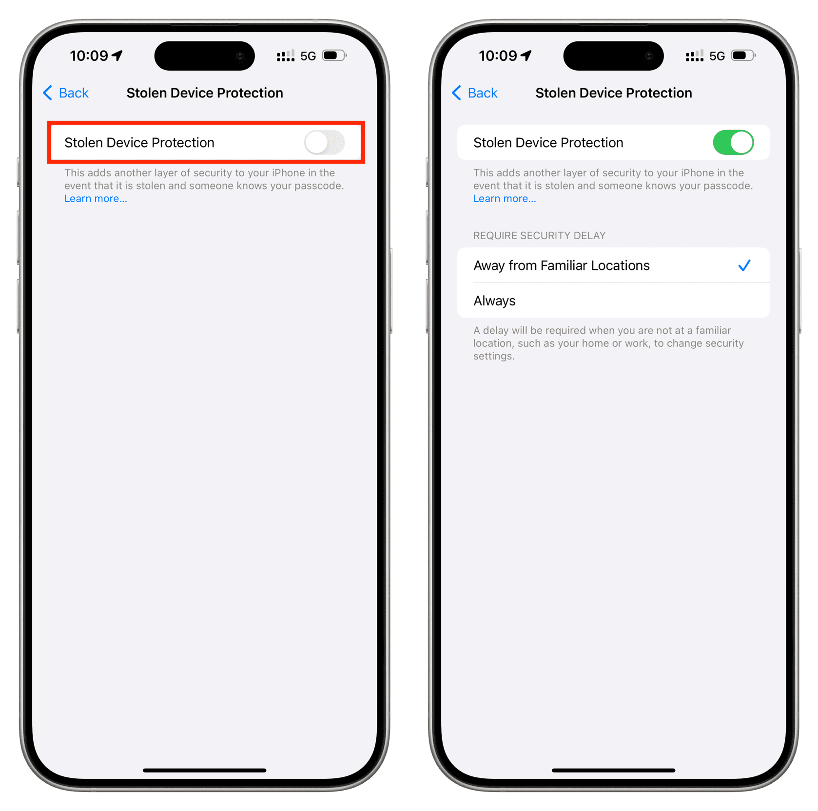 Turn on Stolen Device Protection on iPhone