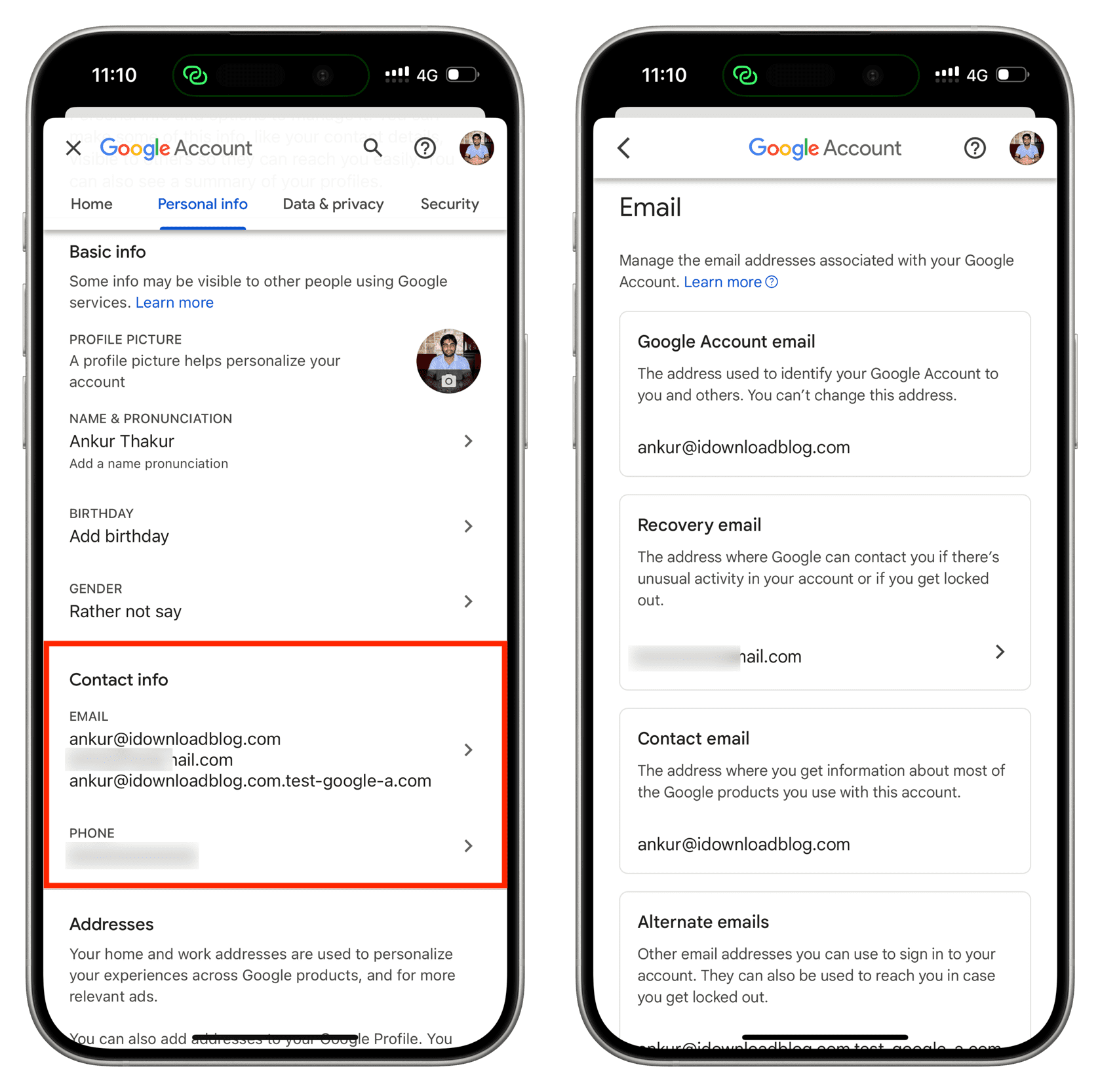 Update Contact info in Google account settings