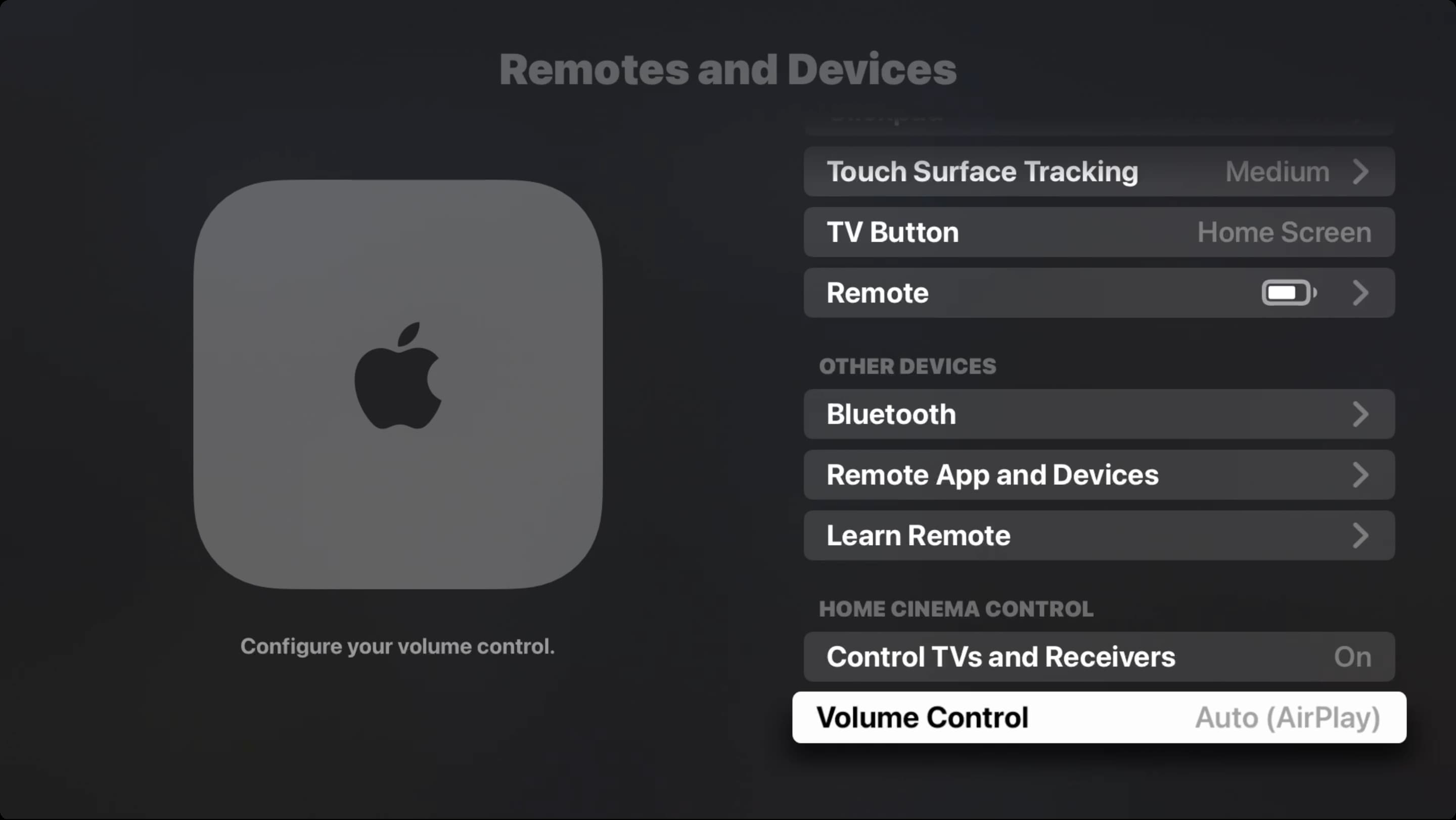 Volume Control in Apple TV Remote Settings