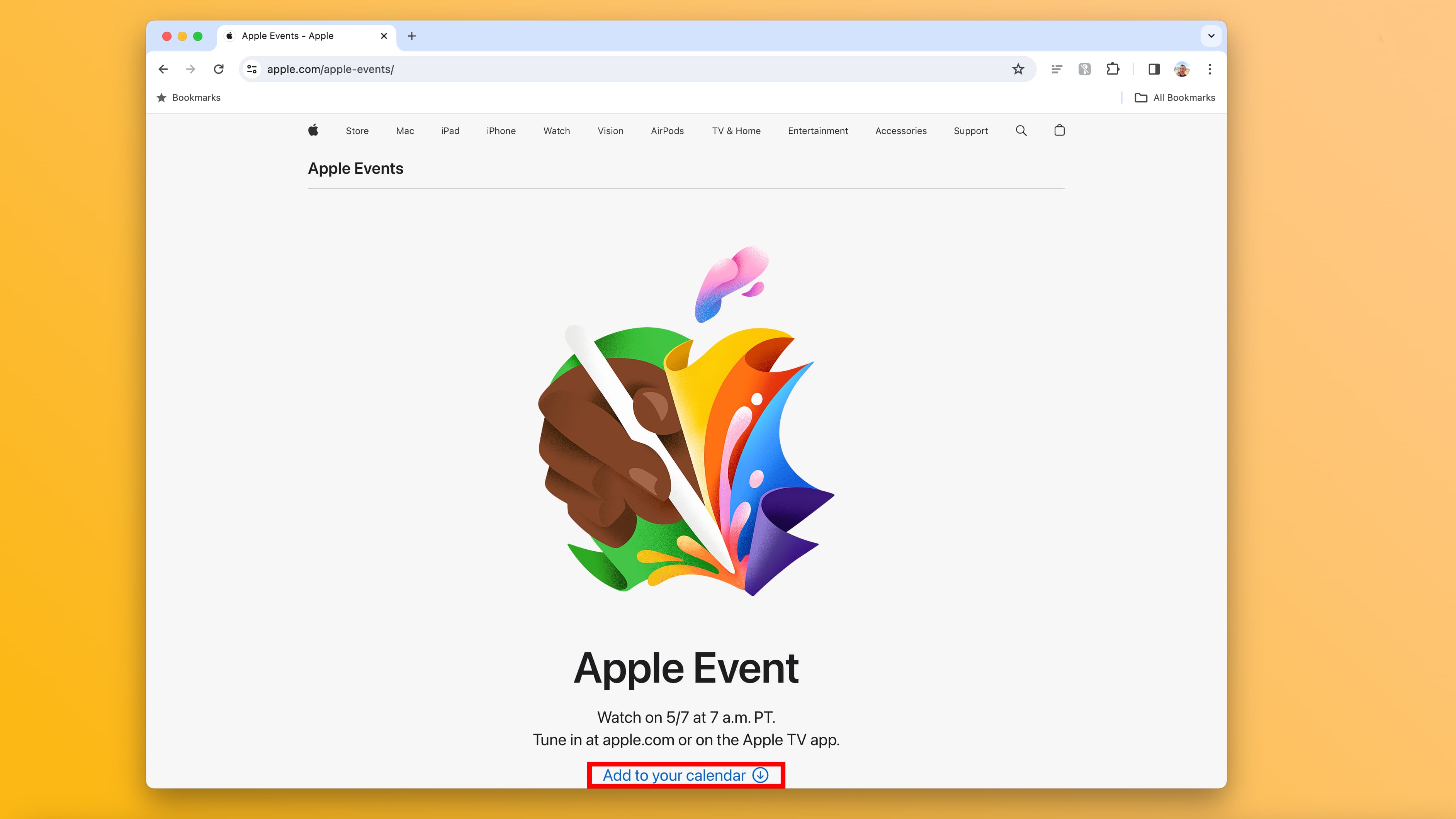 The Apple Events page in Safari displaying a Let Loose event banner, with an Add to Your Calendar link highlighted