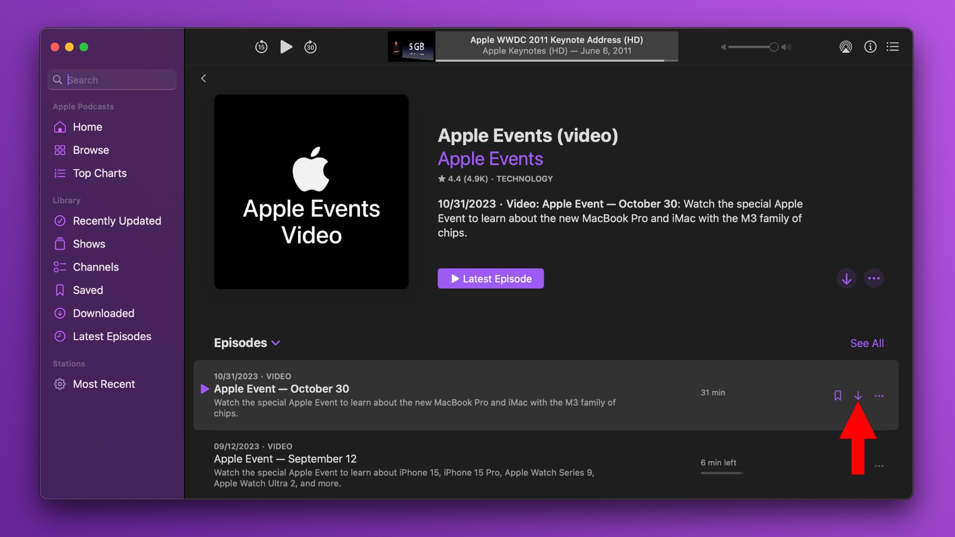 Apple Podcasts app on macOS Sonoma showing episodes for the Apple Events channel, with the Download button highlighted