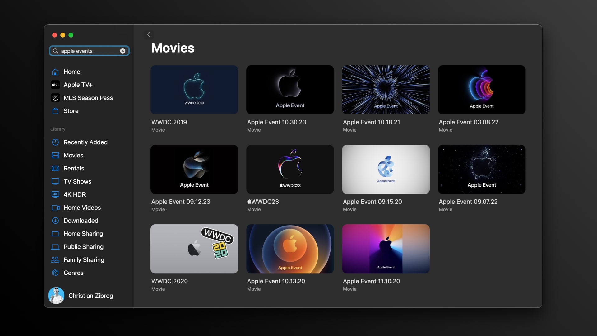 The Mac's TV app displaying thumbnails of Apple's event videos
