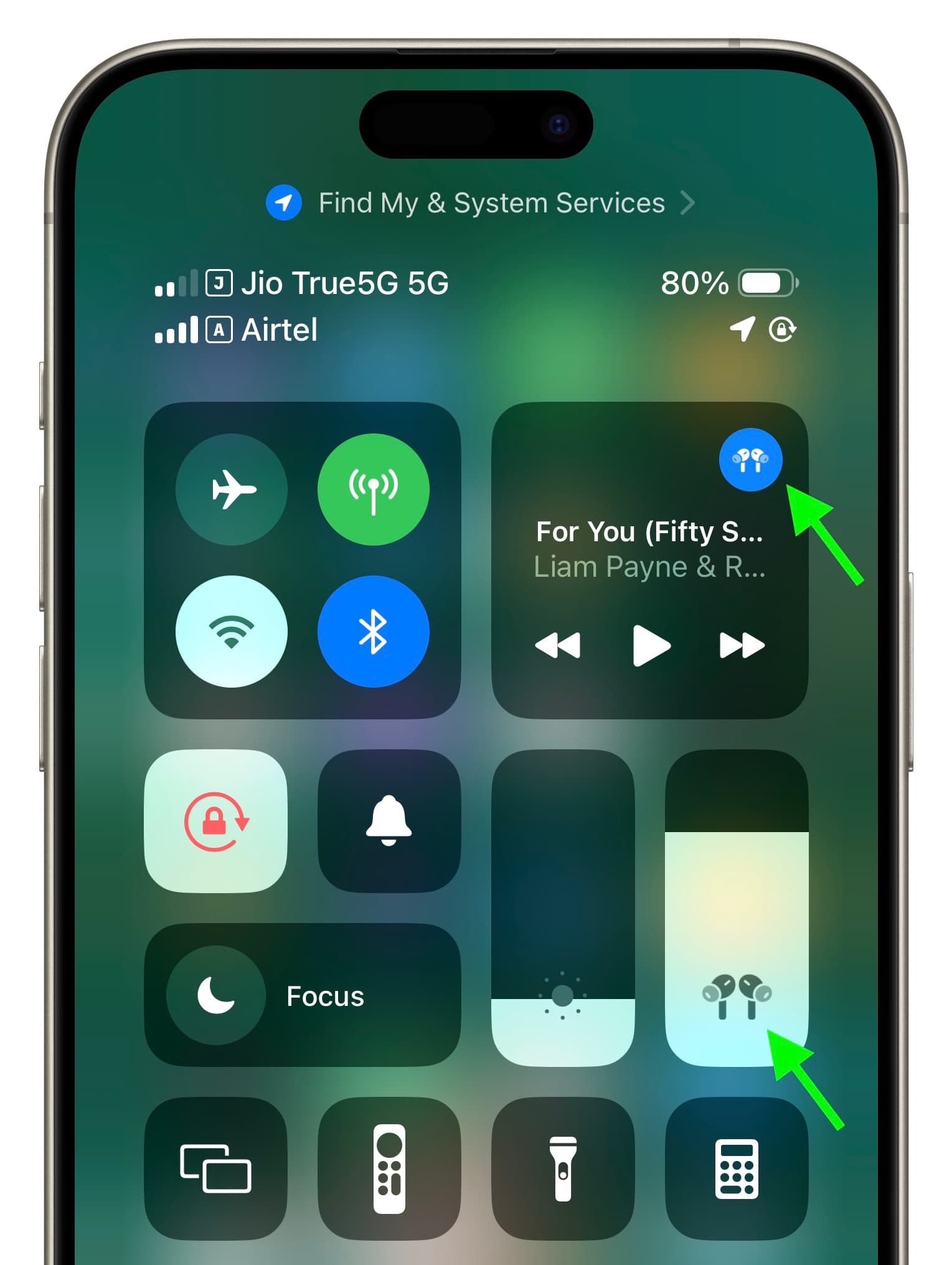 AirPods connected to iPhone shown in Control Center