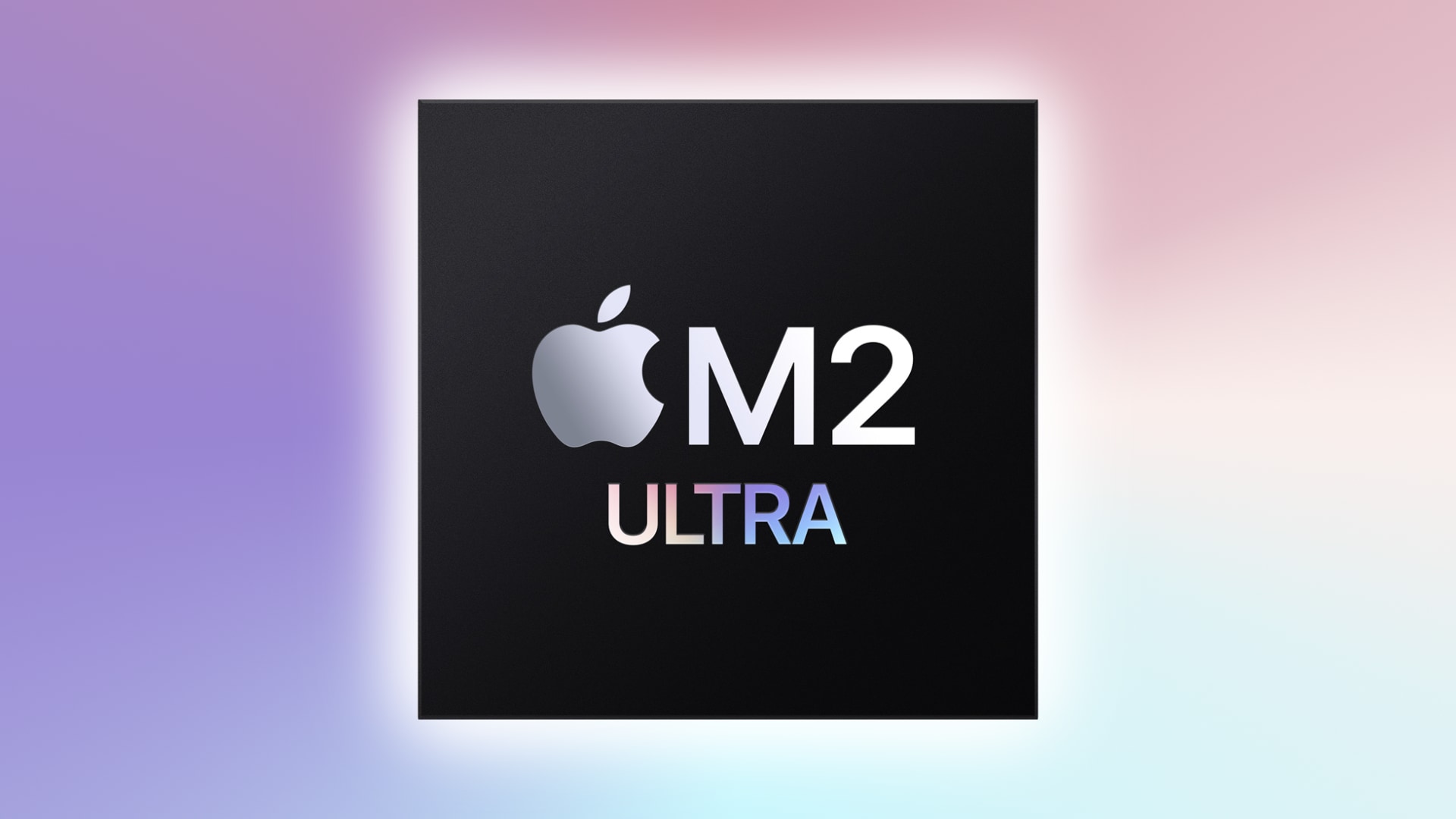 Apple M2 Ultra chip set against a colorful gradient background