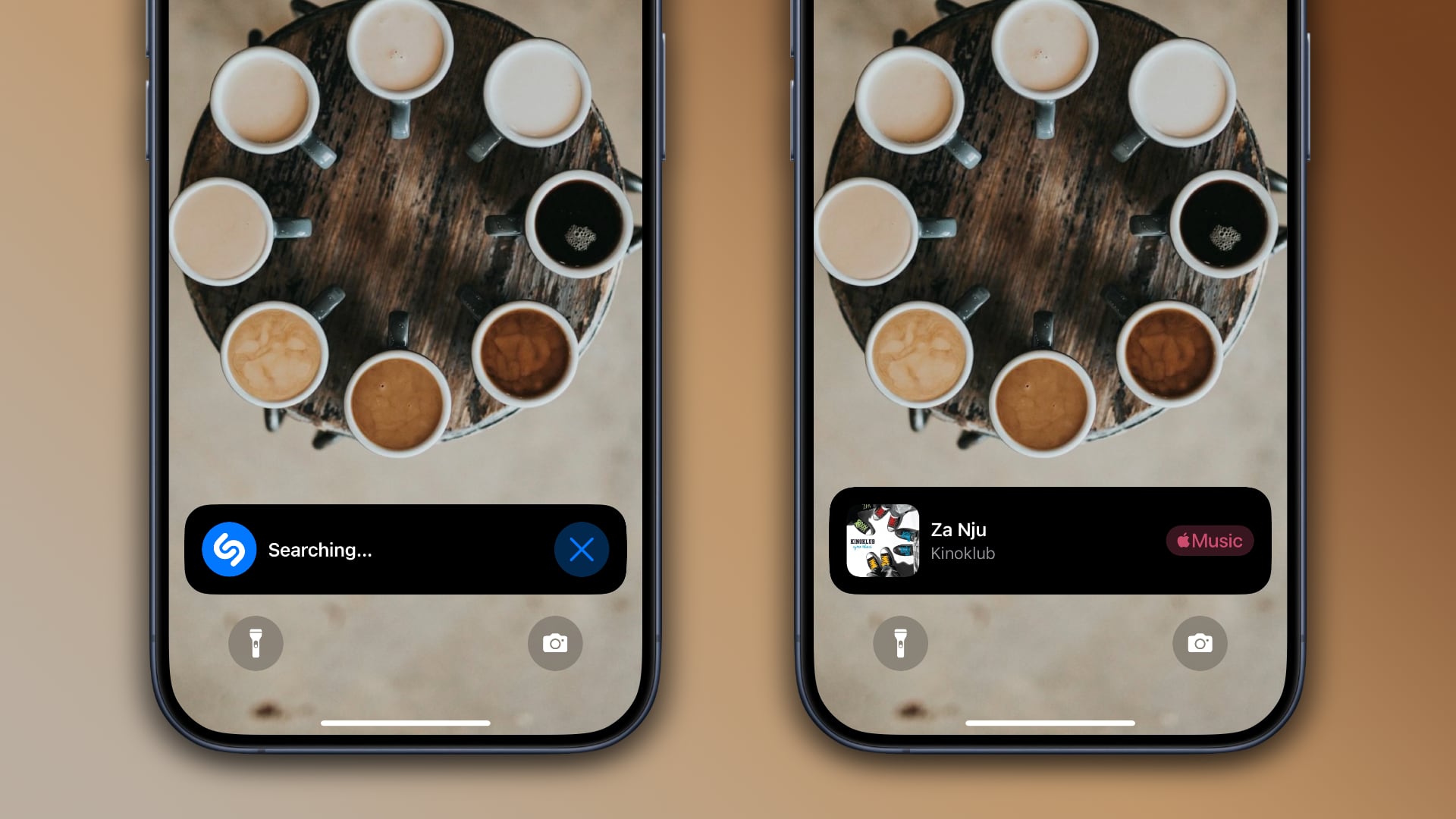 Two iPhone screenshots showcasing Shazam in listening mode, set against a iight brown gradient background
