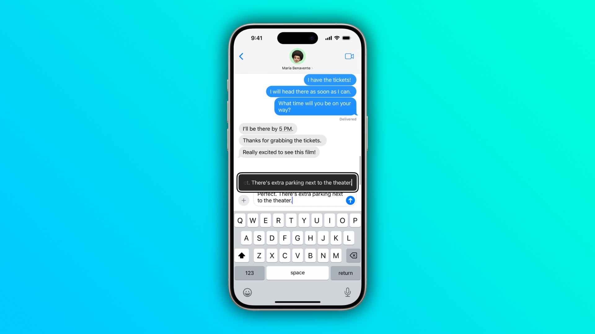 iPhone running Messages app with the Hover Typing accessibility feature enlarging text above the entry field, set against a light blue and green colorful gradient background