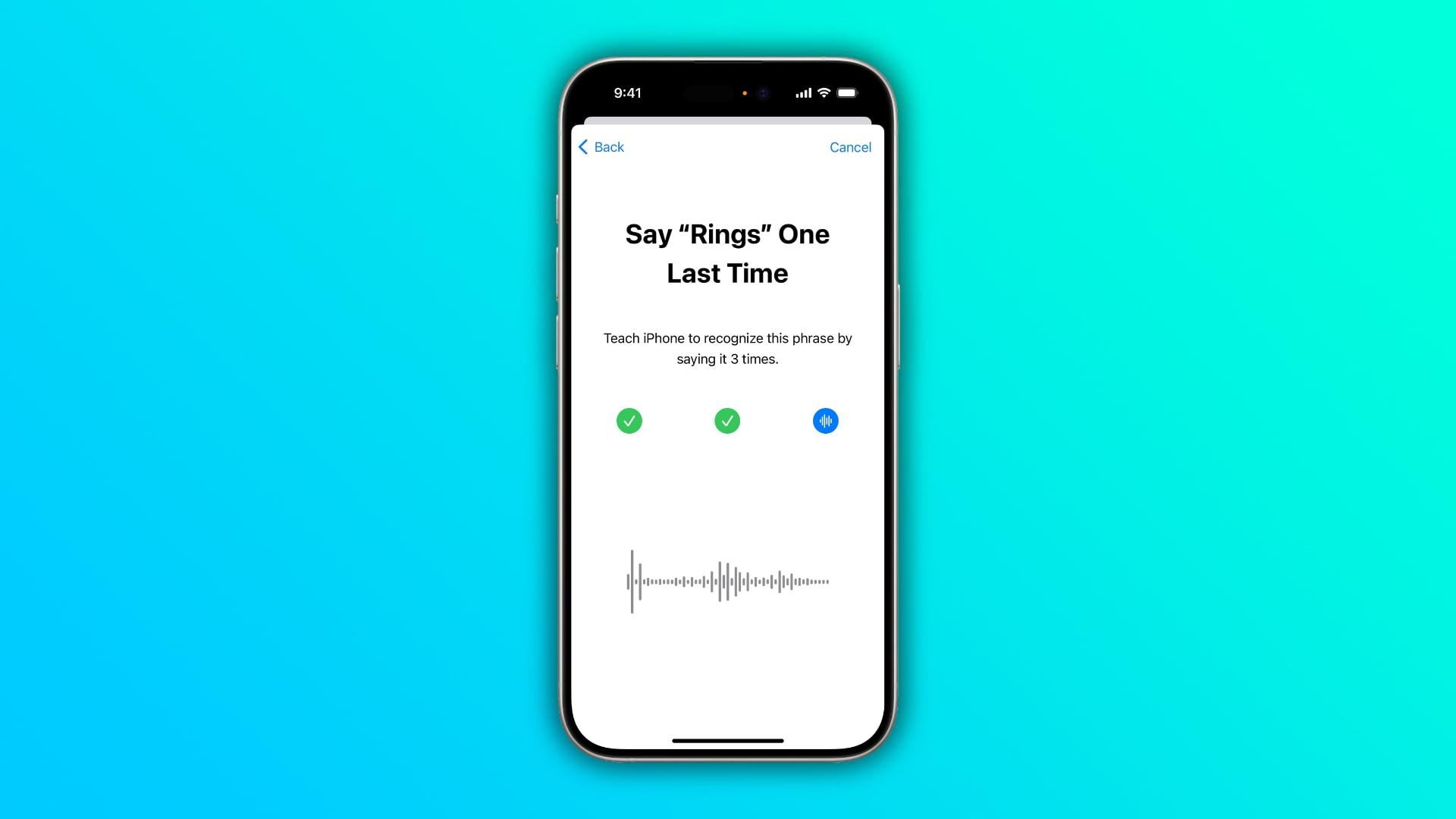 Recording a custom phrase for Vocal Shortcuts on iPhone, set against a light blue and green colorful gradient background