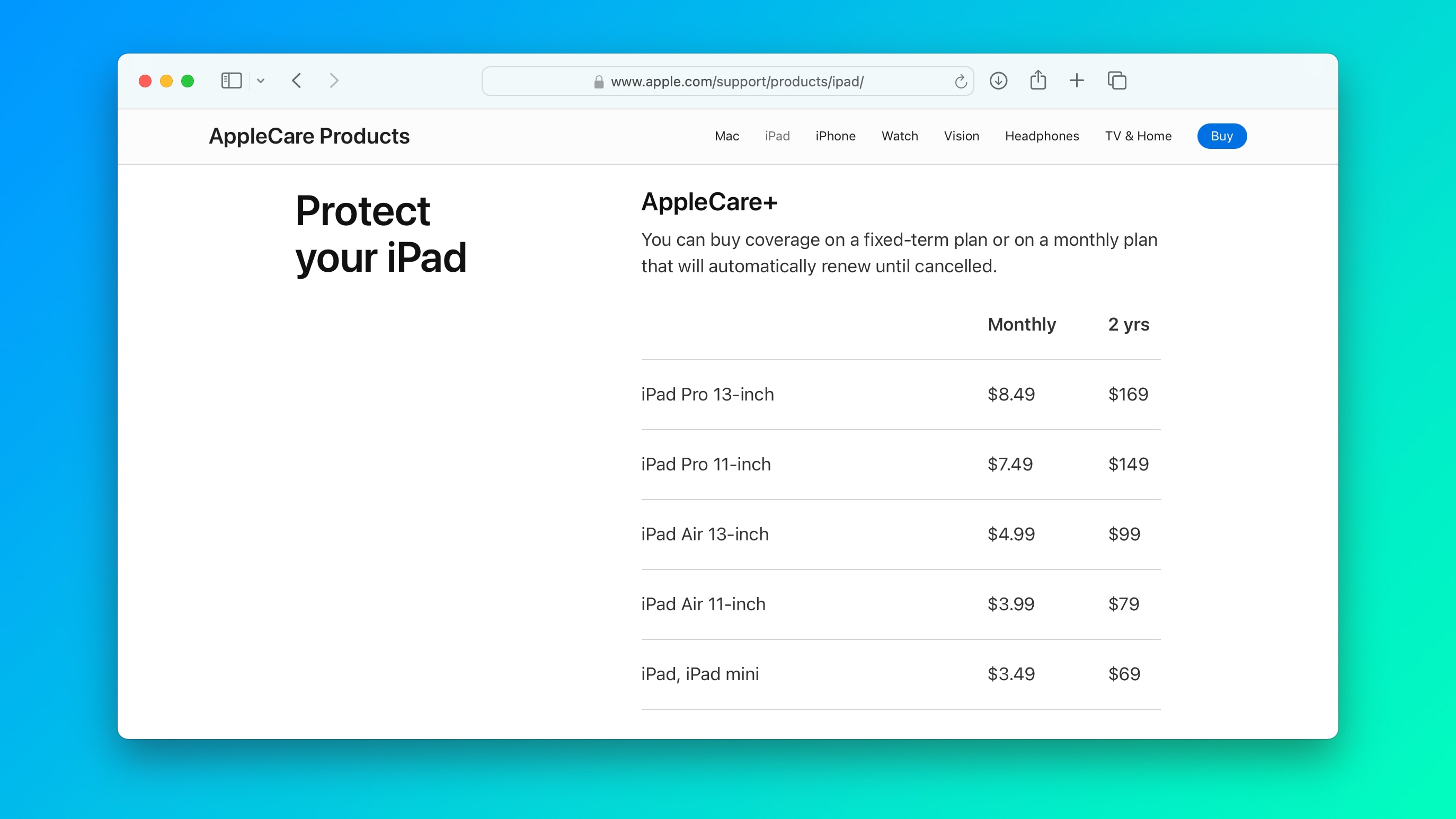 Safari on Mac displaying AppleCare+ for iPad prices