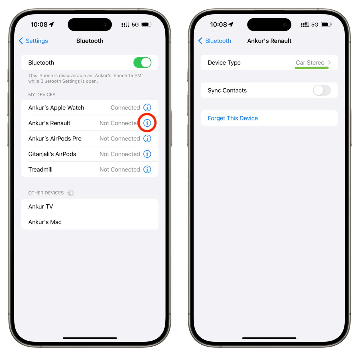 Choose Car Stereo device type for your car in iPhone Bluetooth settings