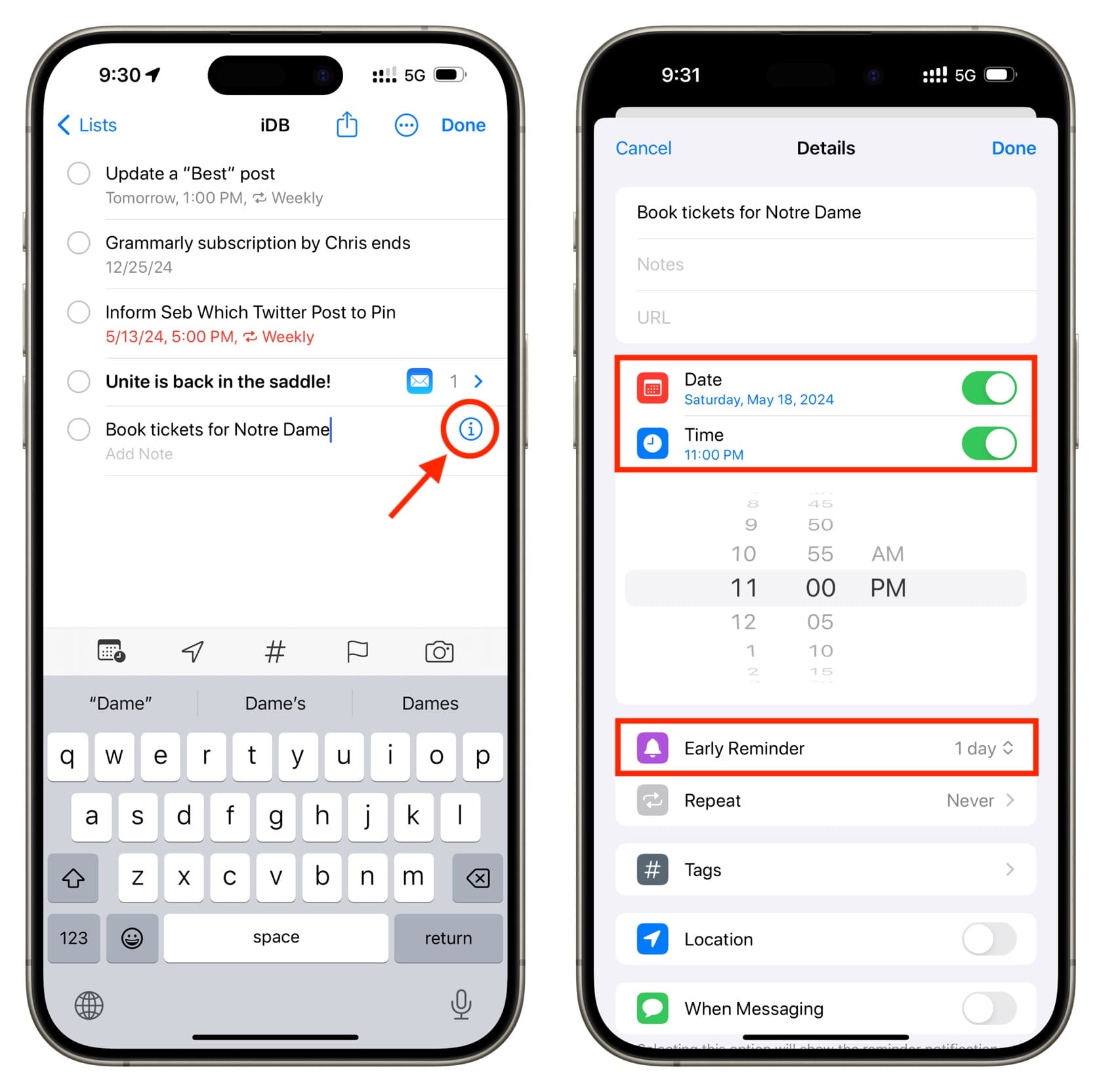 Creating a to-do with 1 day Early Reminder in iPhone Reminders app