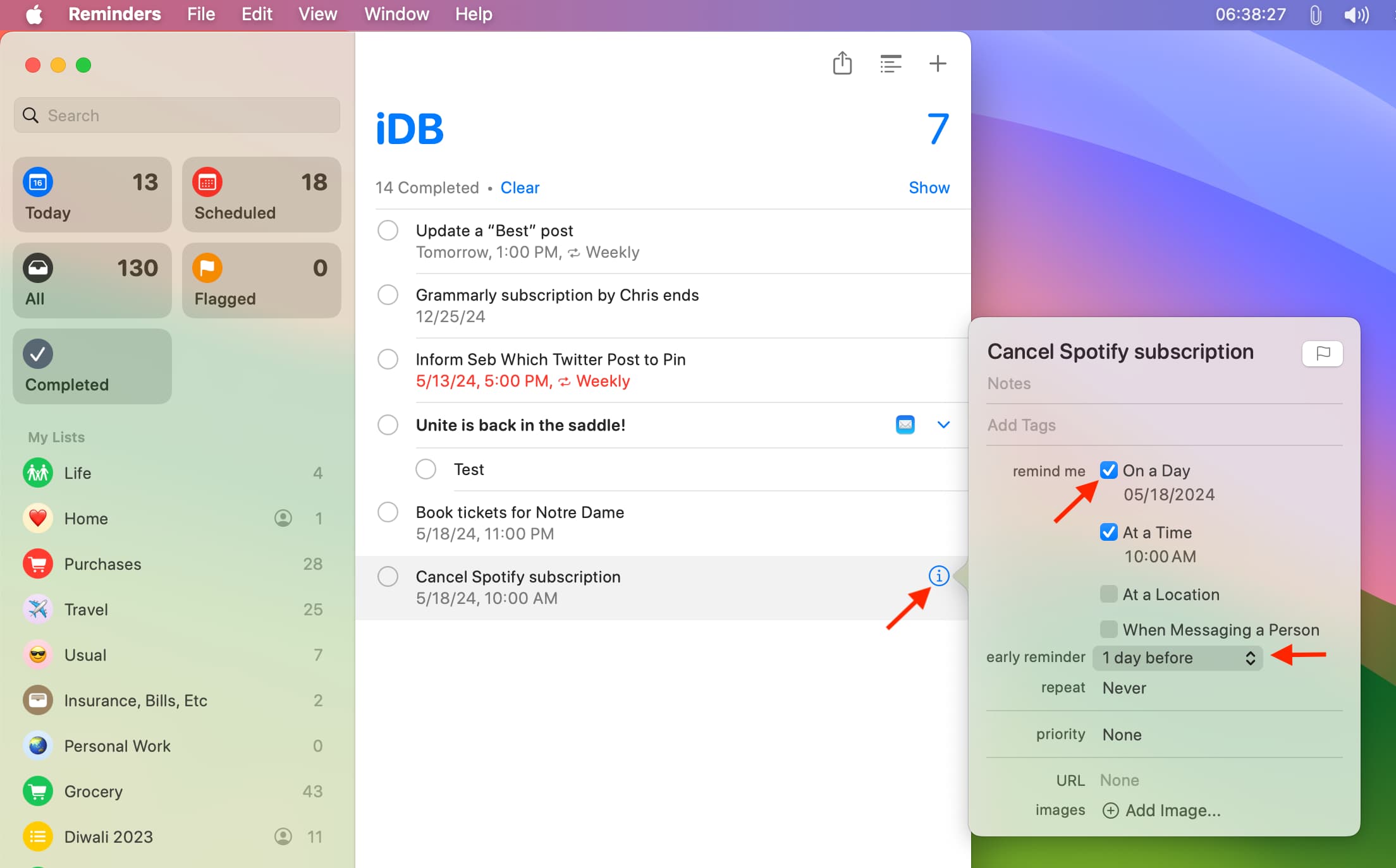 Early reminders in Mac Reminders app
