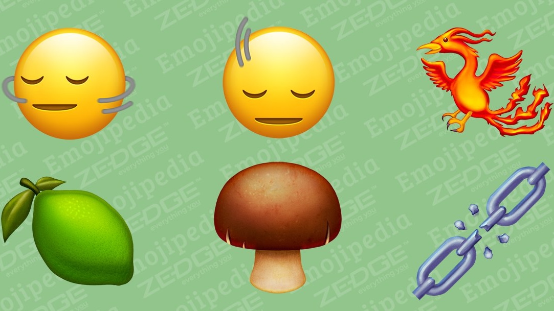 Emoji characters: Shaking heads, phoenix, lime, brown mushroom and broken chains