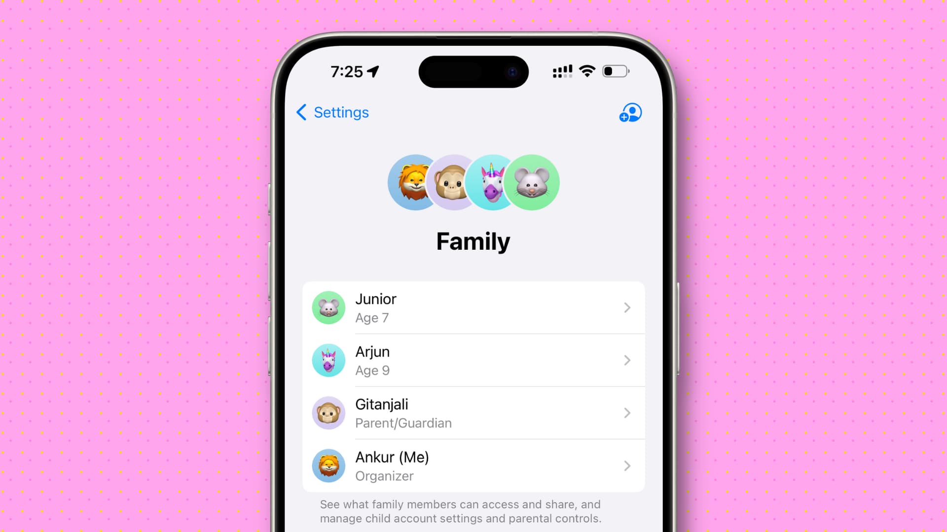 Family screen showing all family members in iPhone settings