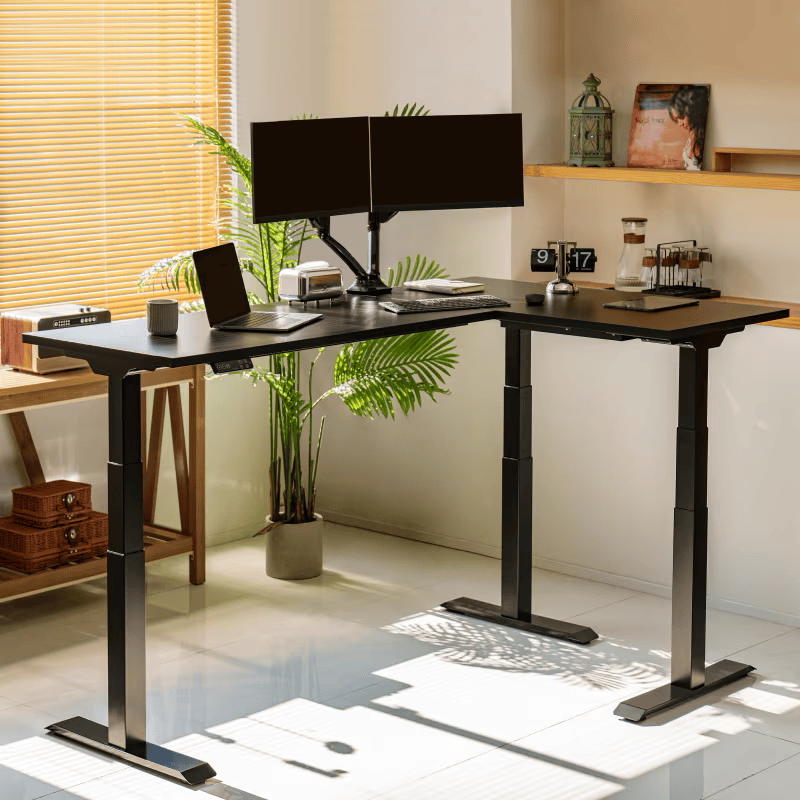 FlexiSpot E7L L-shaped standing desk for computers.