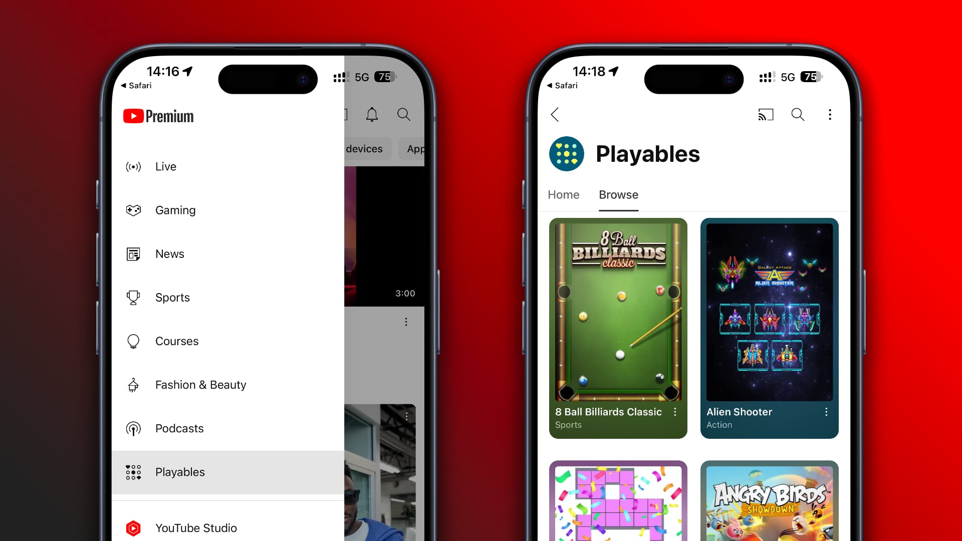 Two iPhones showcasing YouTube Playables, set against a red color gradient background